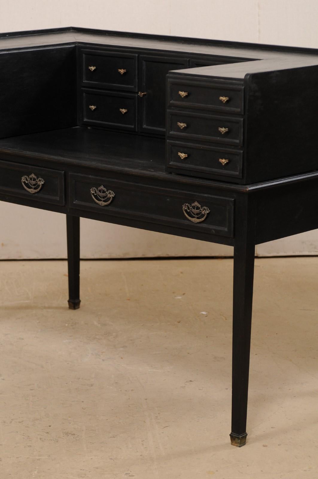 English Carlton House Desk in Black Finish with Great Storage Early 20th Century 1