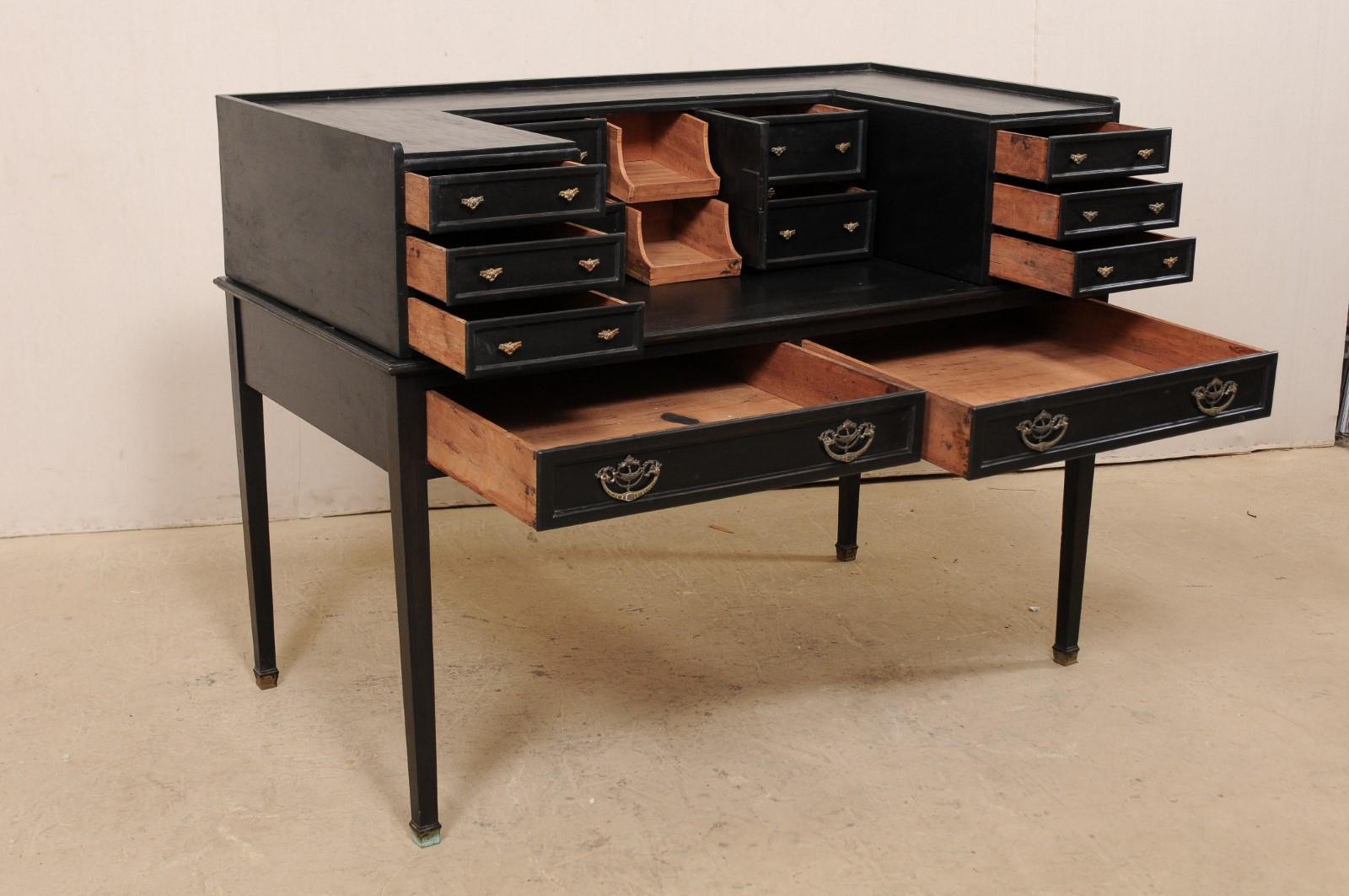 English Carlton House Desk in Black Finish with Great Storage Early 20th Century 2