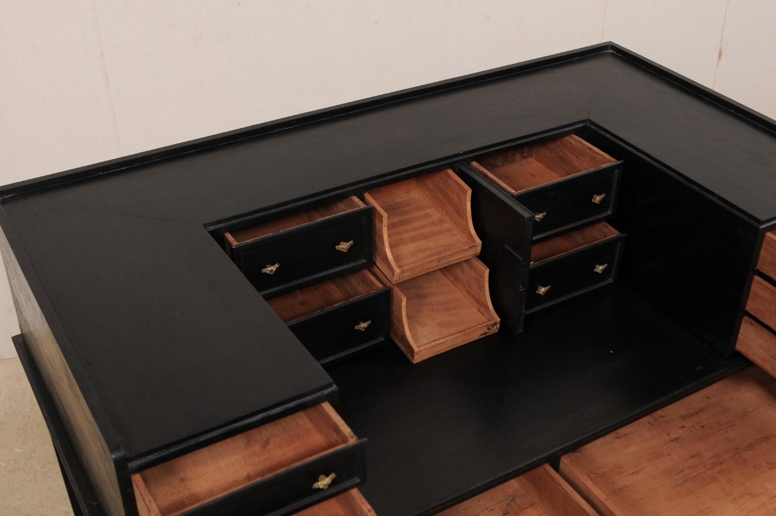 English Carlton House Desk in Black Finish with Great Storage Early 20th Century 4