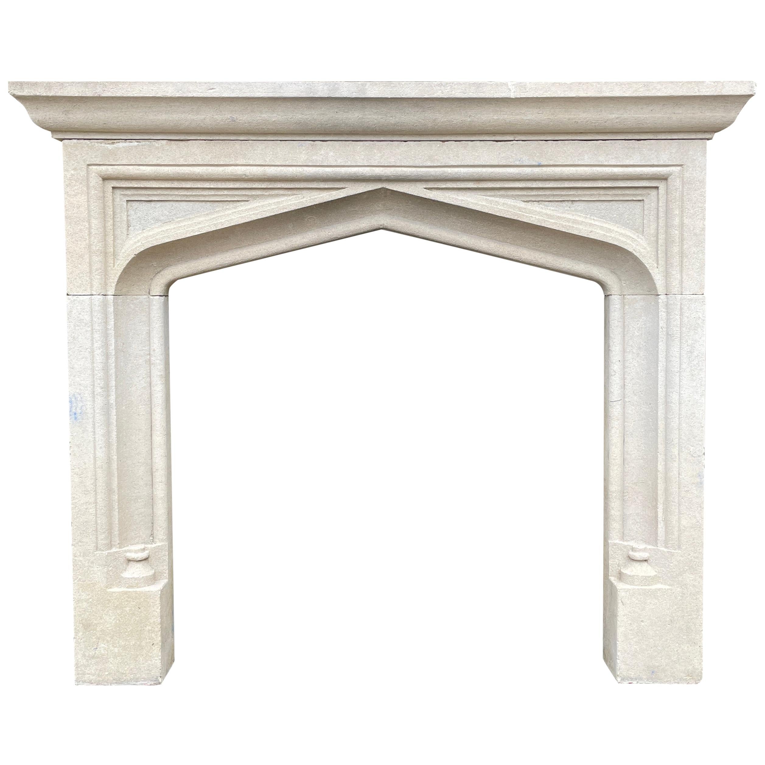 English Carved Bath Stone Fireplace Mantel in The Gothic Manner
