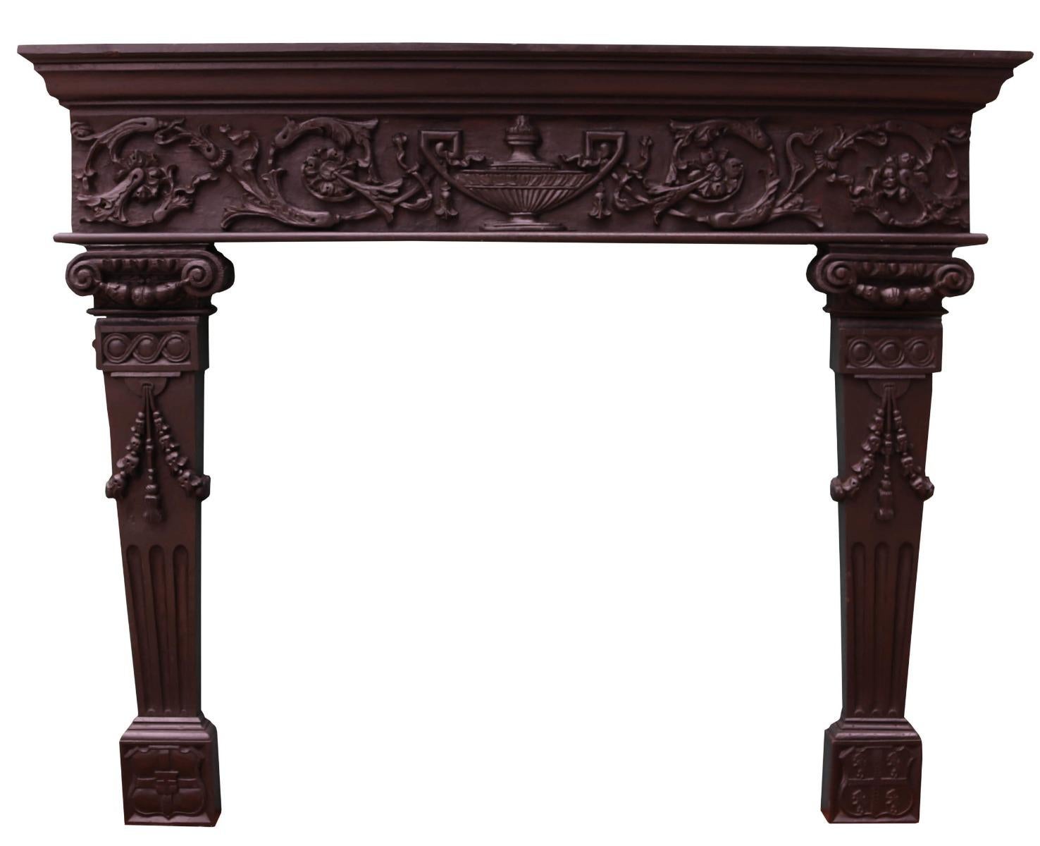 Reclaimed from a house in Newcastle, this boldly carved surround has a striking appearance.

Additional Dimensions

Opening Height 92.5 cm

Opening Width 100 cm

Width Between Outside of Legs 128 cm.