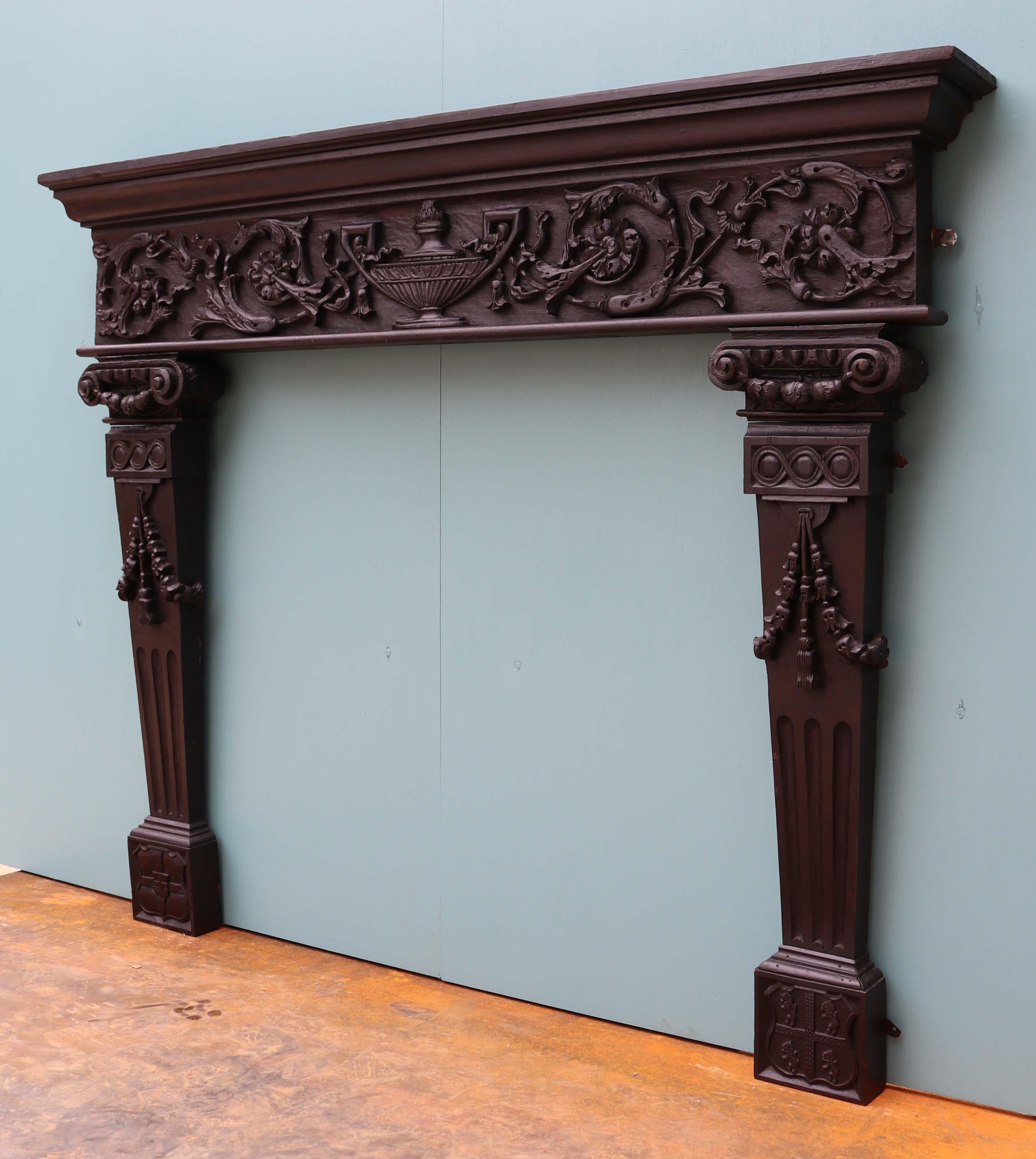 19th Century English Carved Oak Tudor Style Fireplace For Sale