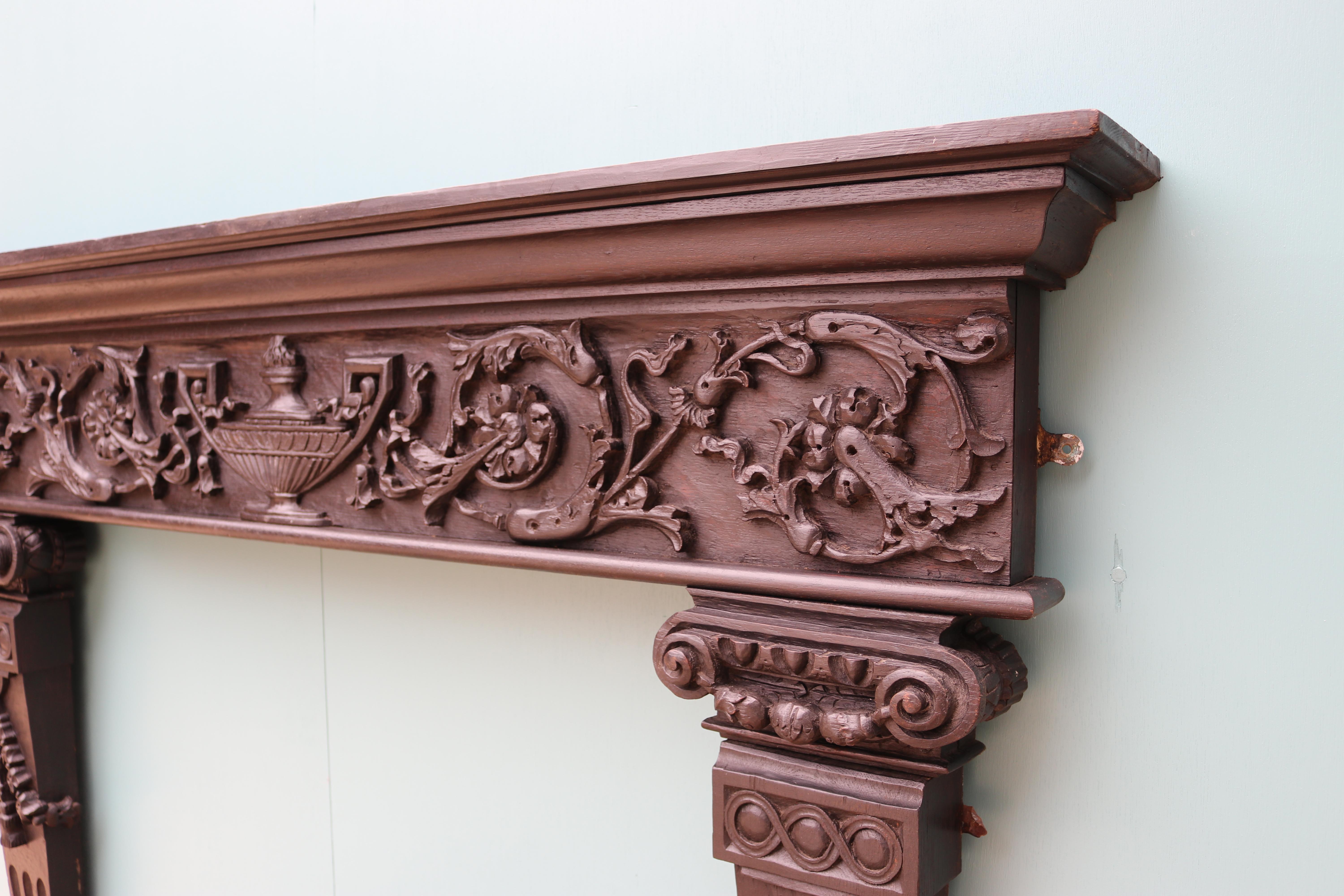 English Carved Oak Tudor Style Fireplace For Sale 1