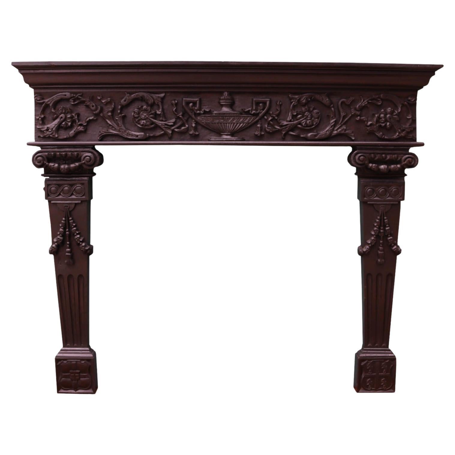 English Carved Oak Tudor Style Fireplace For Sale