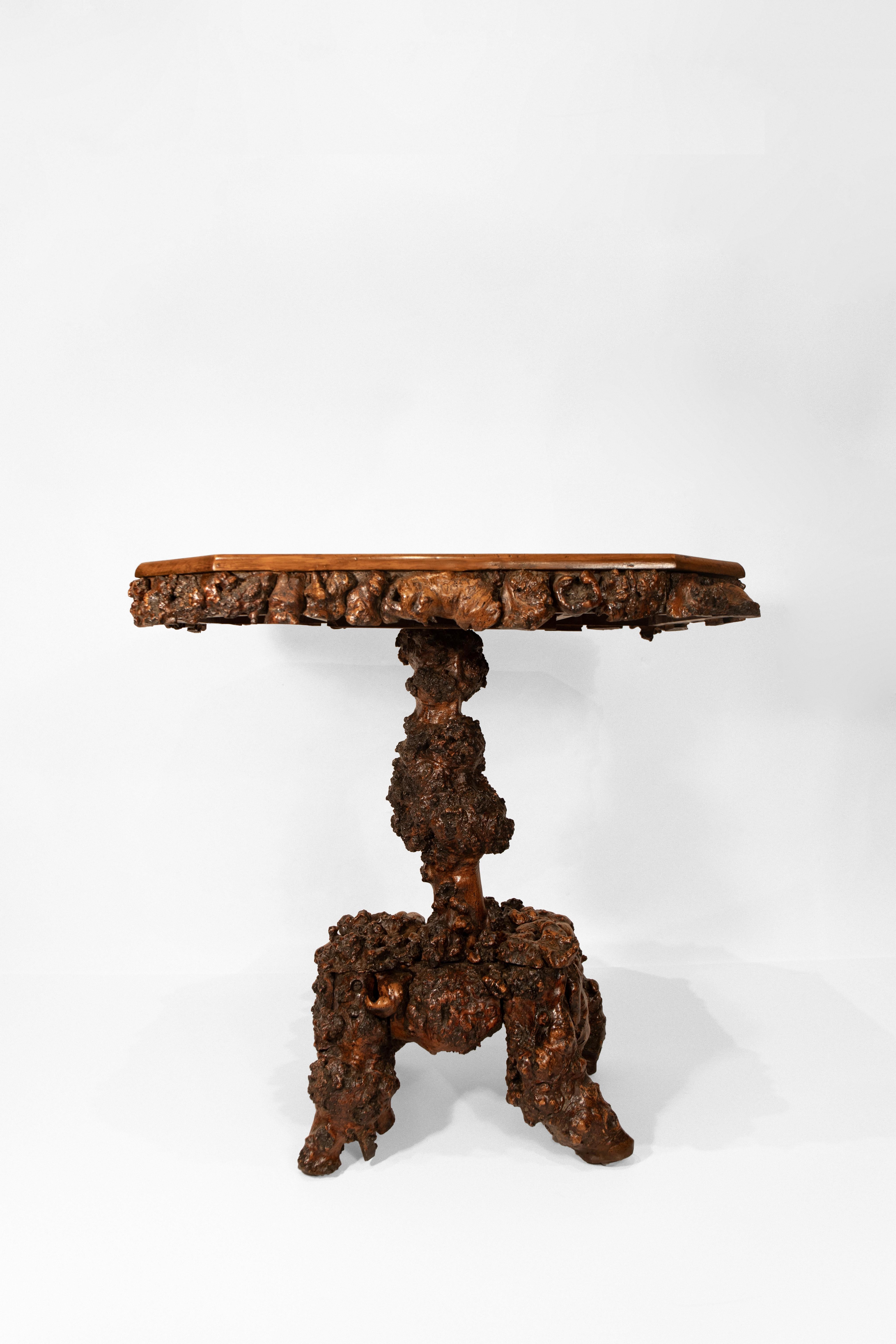 Cette table d'appoint en châtaignier anglais présente un plateau rectangulaire aux angles carrés et repose sur une base sculpturale composée de racines spécimens soigneusement disposées en formation asymétrique. La texture organique met en valeur le