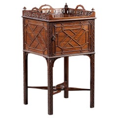 Antique English Chinese Chippendale Carved Bedside Cabinet