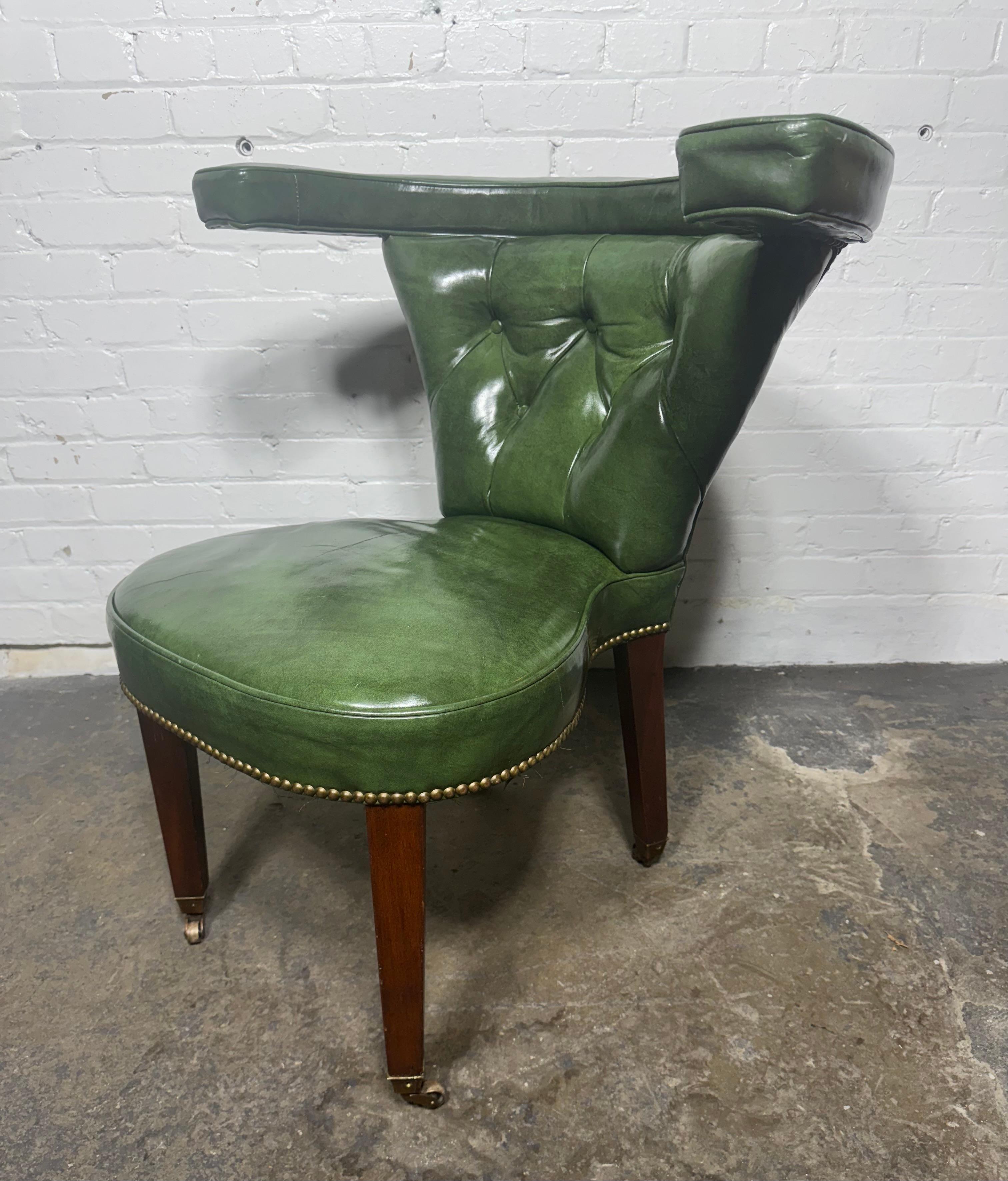 An English Cockfighting, Reading or Desk Chair.. Green Leather For Sale 1