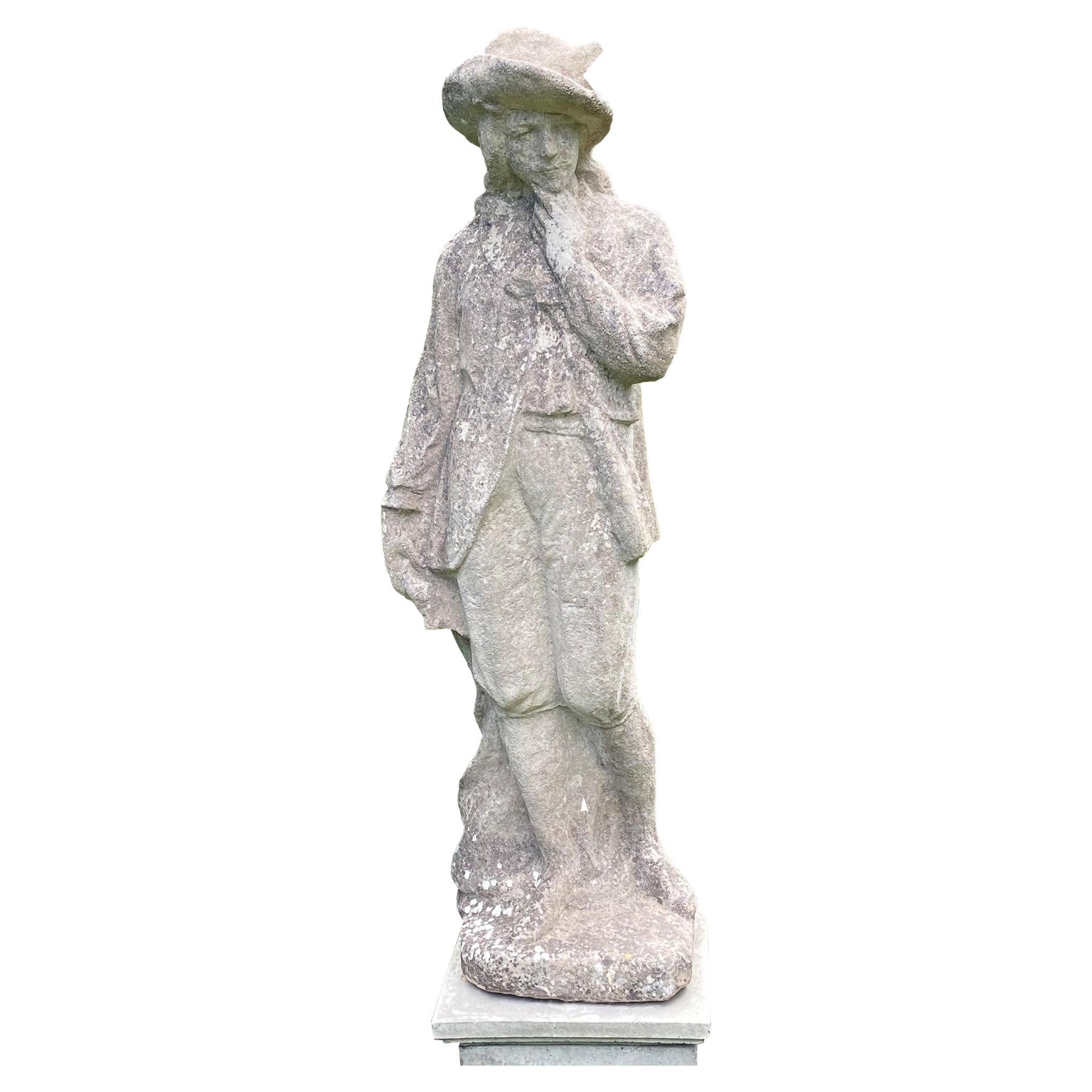 An English Composition Stone Statue of a Gentleman Hunter with Hat For Sale