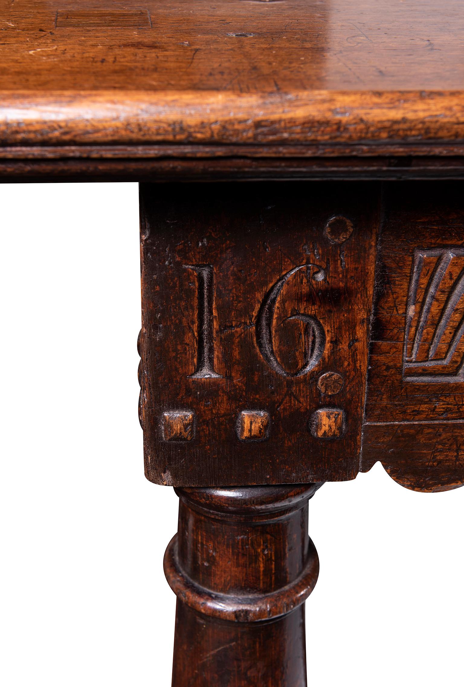 Hand-Carved English Cromwellian Oak Refectory Table, 17th Century For Sale