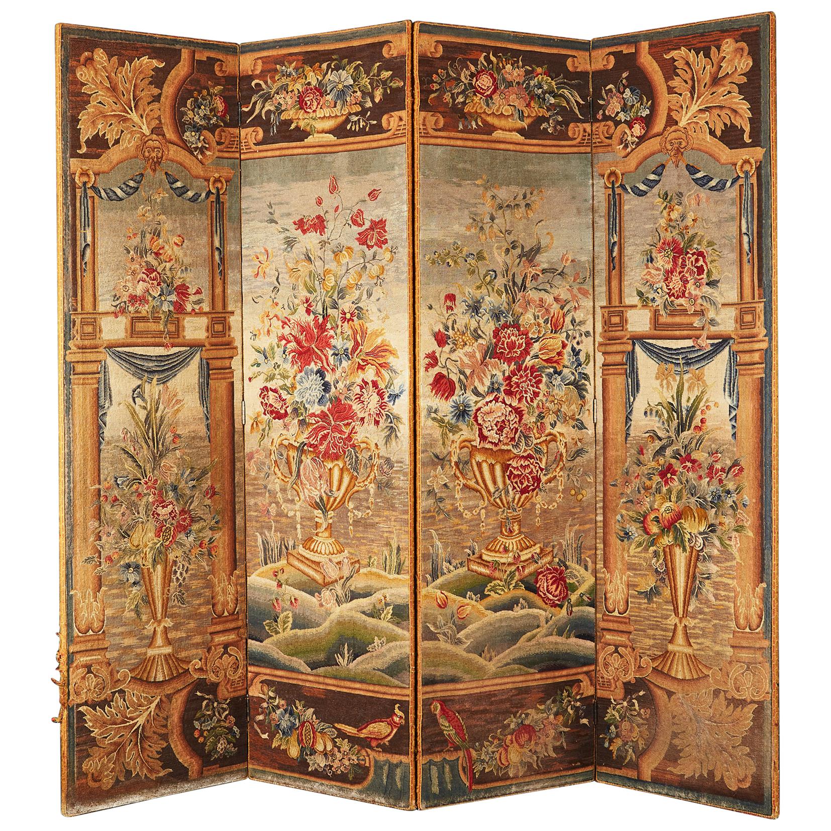 English Four Fold Tapestry Textile Screen in the Flemish Taste