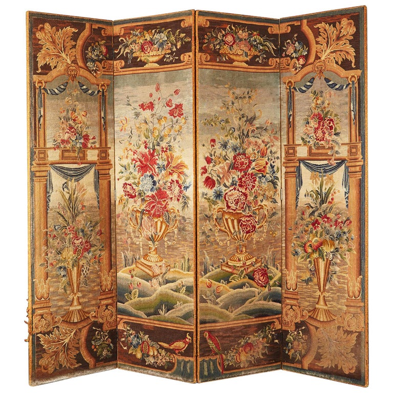 English Four Fold Tapestry Textile Screen in the Flemish Taste For Sale
