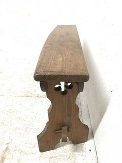 English Gothic Revival Pitch Pine Bow Fronted Bench with Pierced Quatrefoils