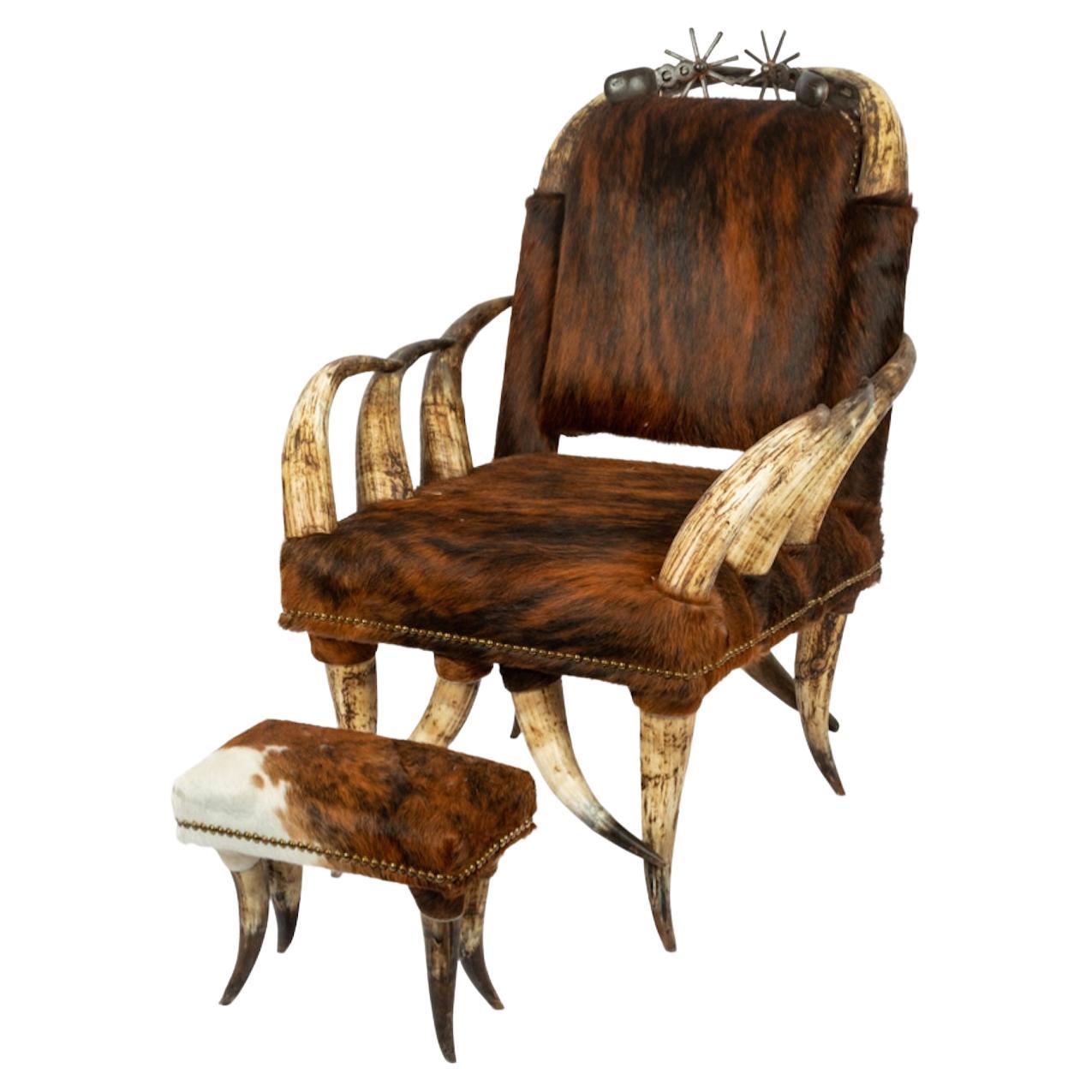 An English Horn Chair and Ottoman 20th Century adorned with spurs. Height 43 x  For Sale
