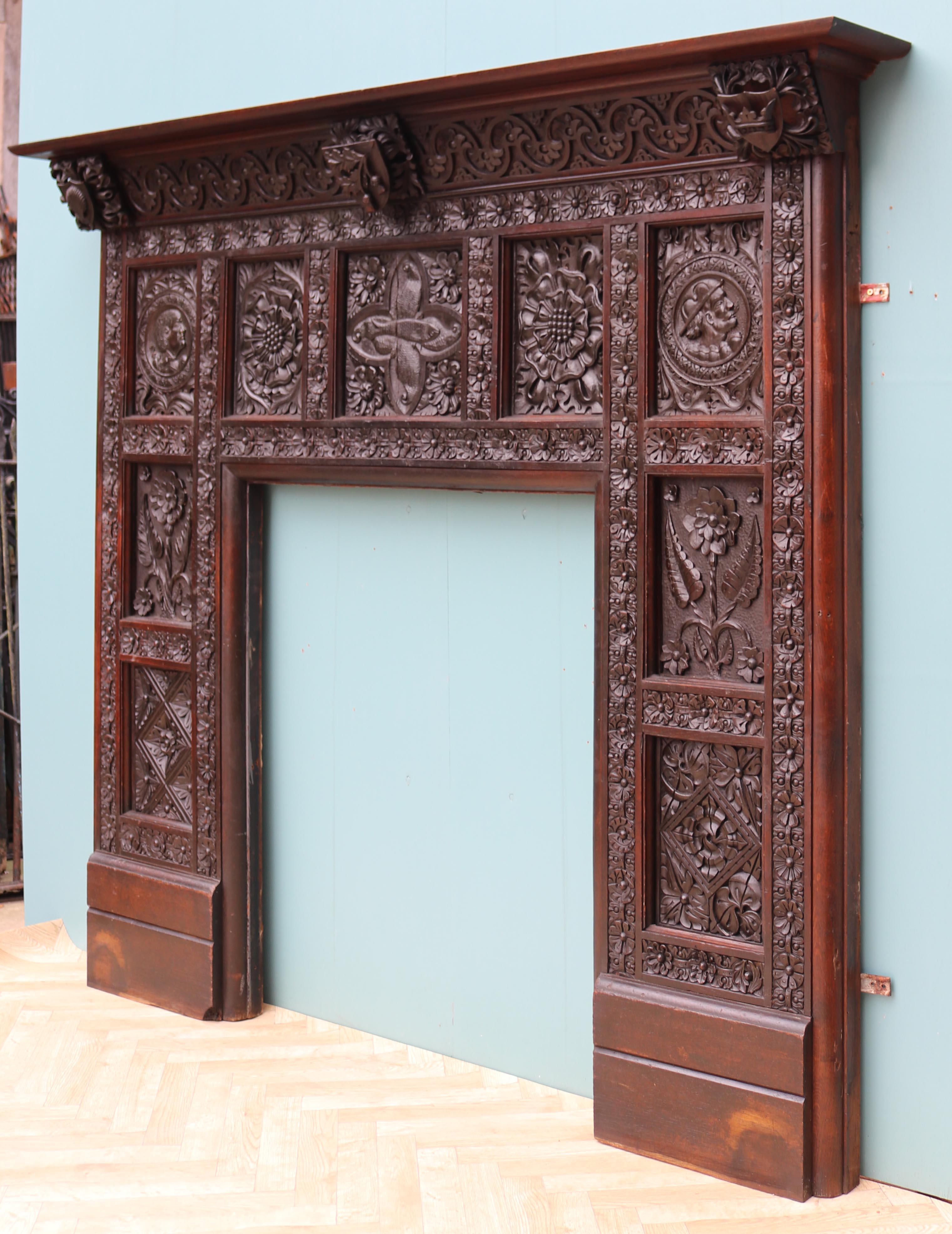English Jacobean Revival Carved Oak Fireplace In Good Condition In Wormelow, Herefordshire