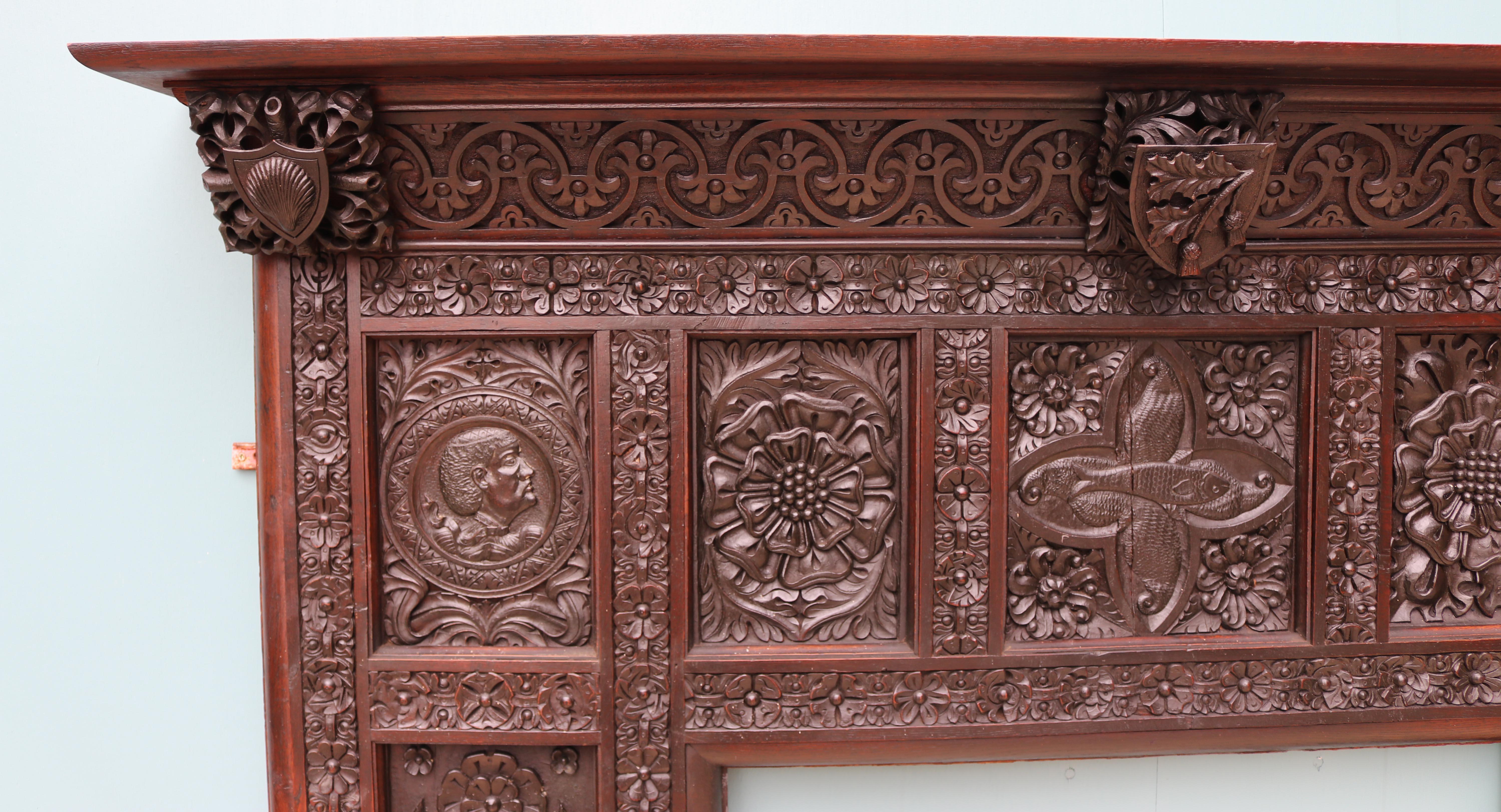 19th Century English Jacobean Revival Carved Oak Fireplace