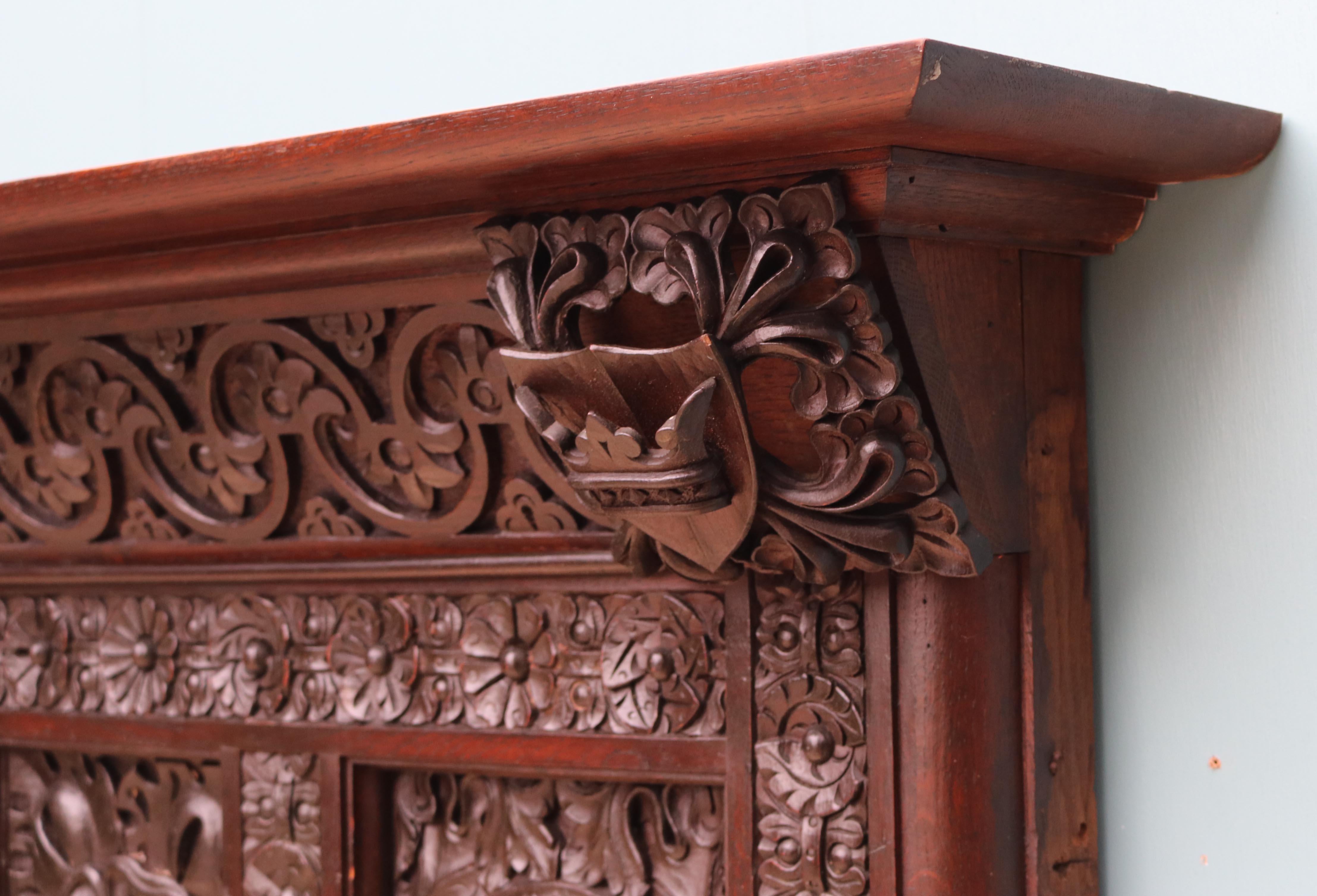 English Jacobean Revival Carved Oak Fireplace 4