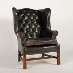 English Leather Button Back Wing Chair with Mahogany Frame, circa 1940