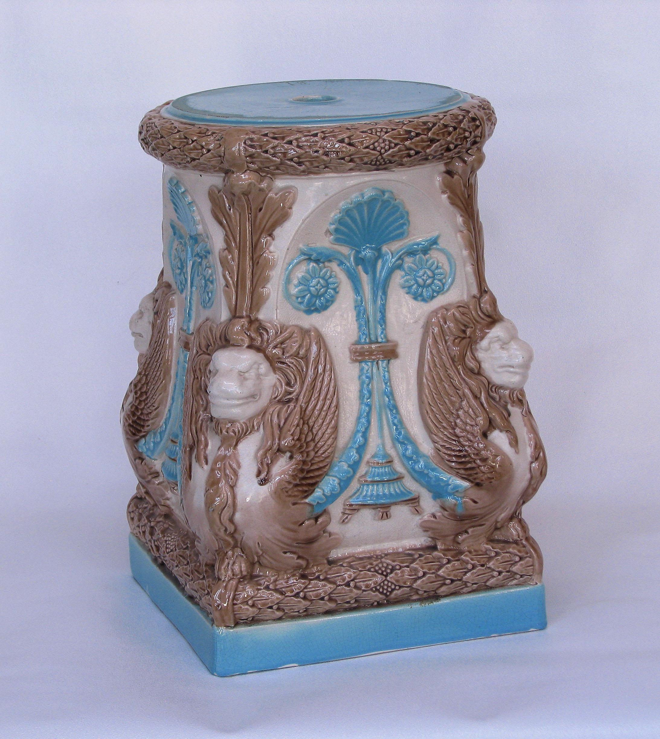 Hand-Crafted An English Majolica Pedestal In Egyptian Taste James Wardle & Co. Circa 1880 For Sale