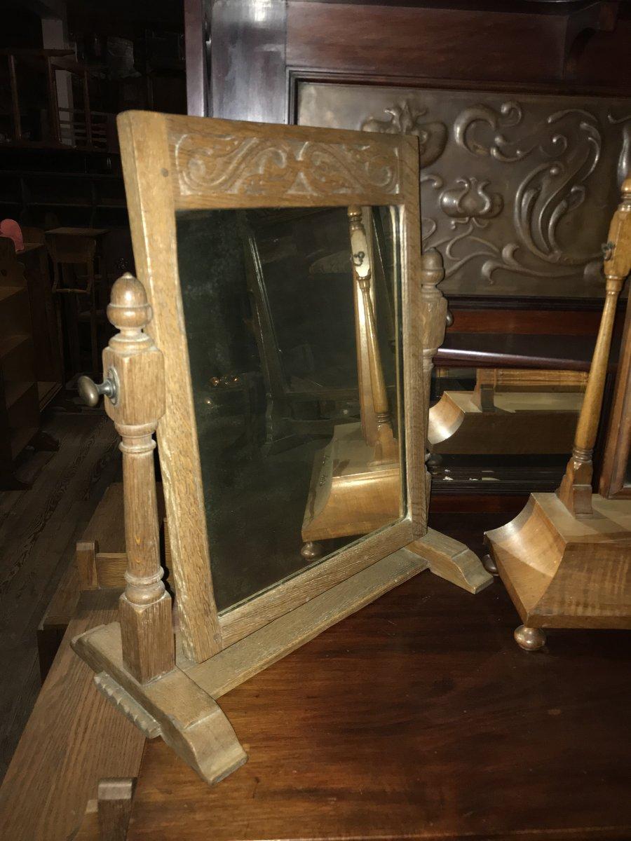 Arts and Crafts English Oak Cotswold Style Dressing Table Mirror with Turned Acorn Finials For Sale