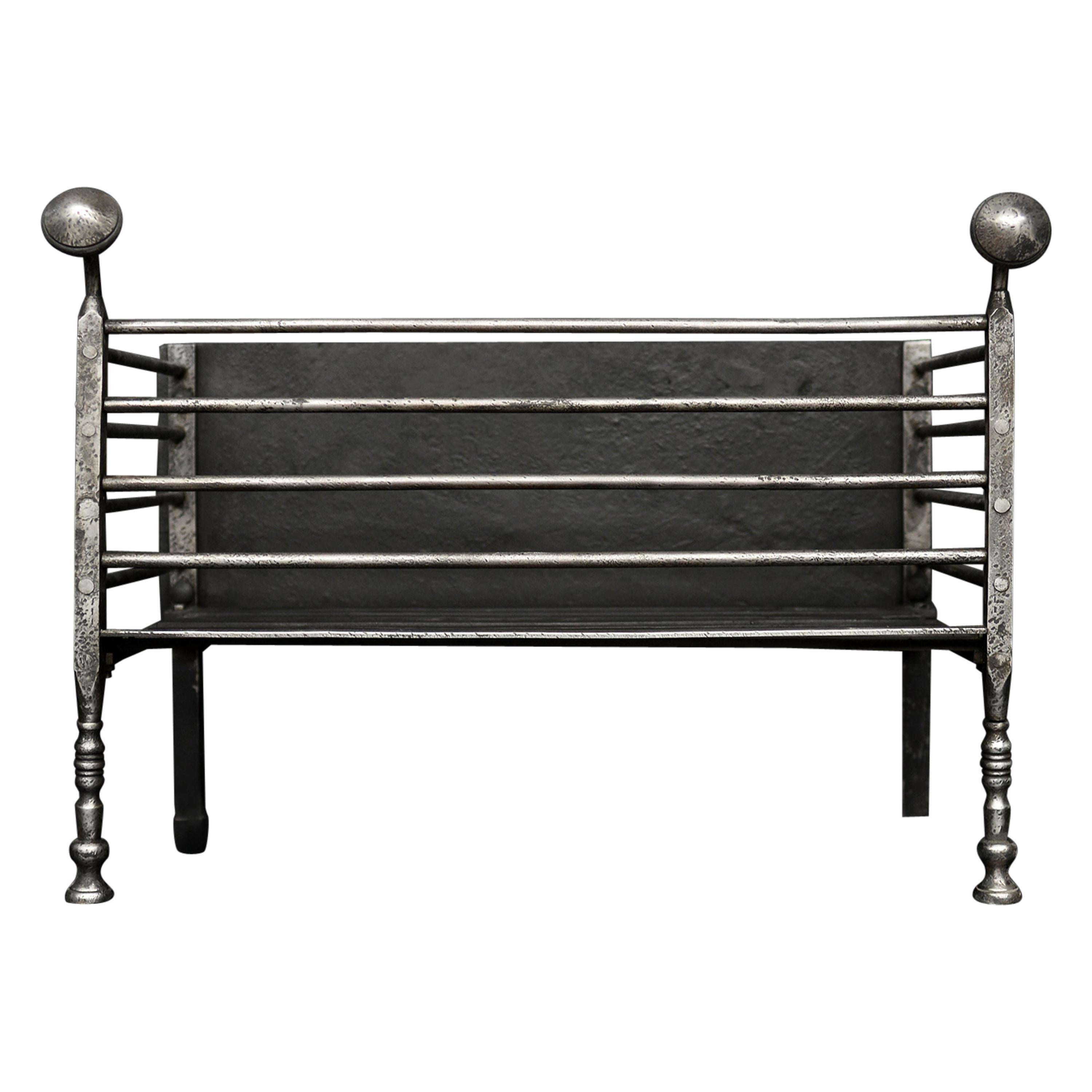 English Polished Wrought Iron Firebasket of Architectural Form