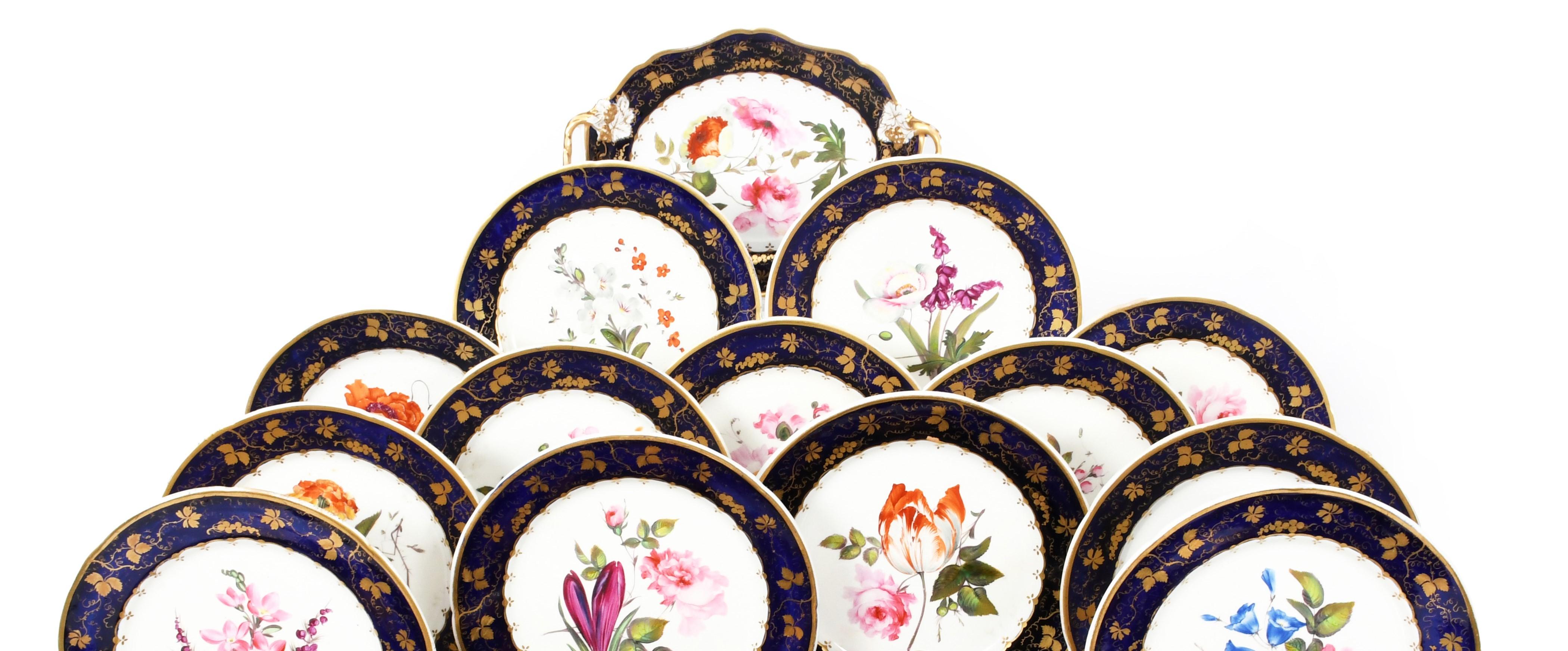 Derby  Porcelain Botanical Handpainted Dessert Service, C.1820 In Good Condition For Sale In London, GB