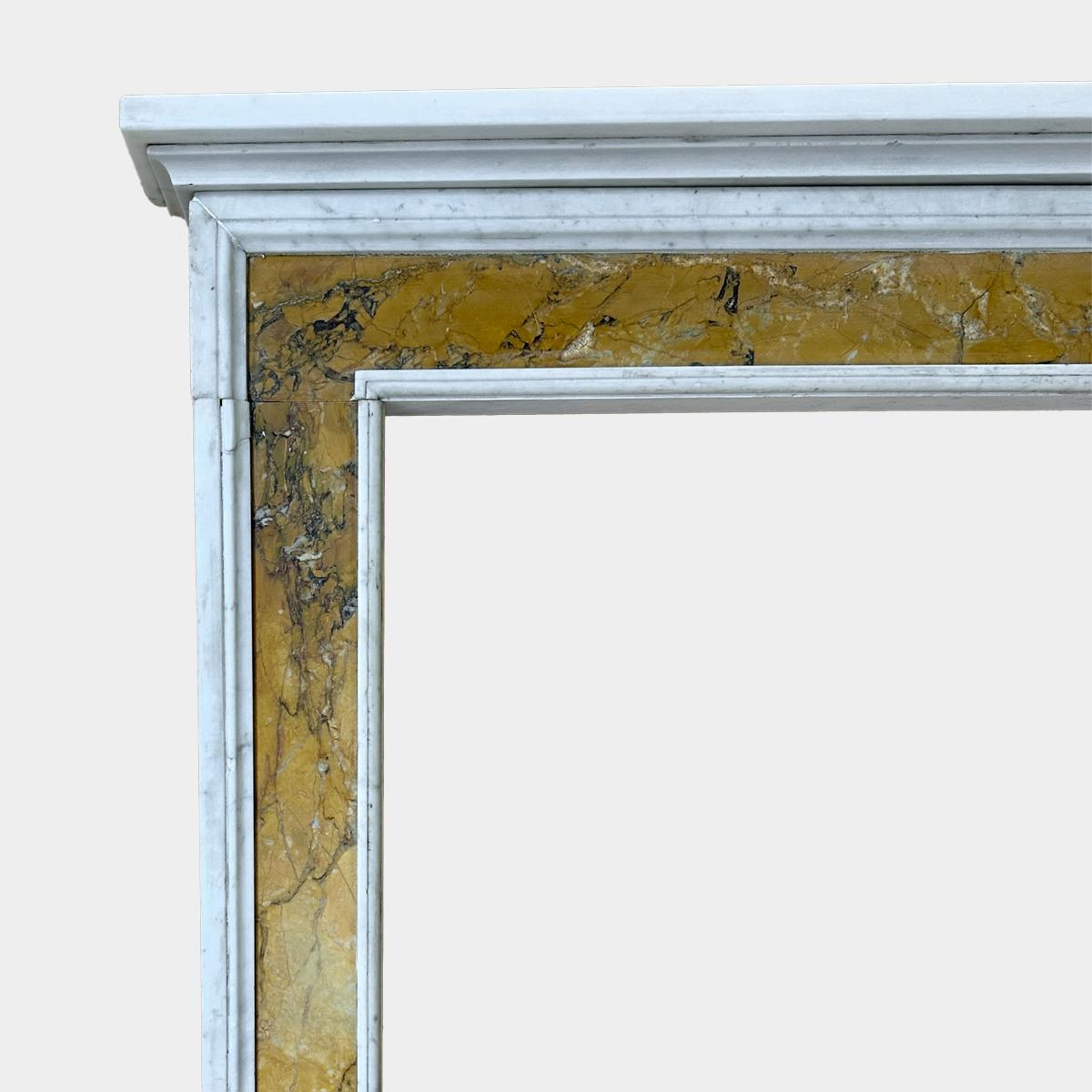 Hand-Carved An English Queen Anne Style White And Siena marble Fireplace Mantel For Sale
