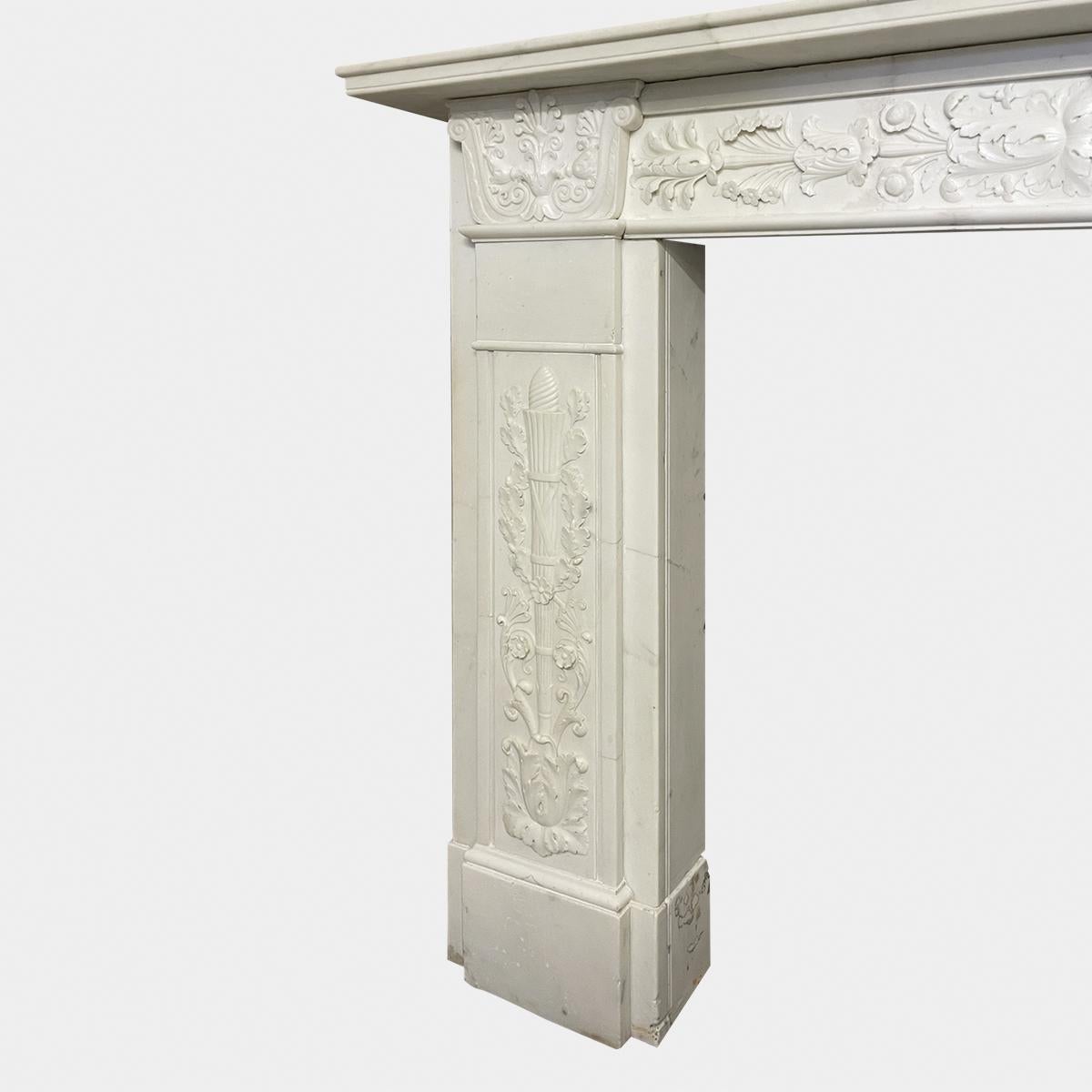 Hand-Carved English Regency Antique Statuary White Marble Fireplace Mantel For Sale