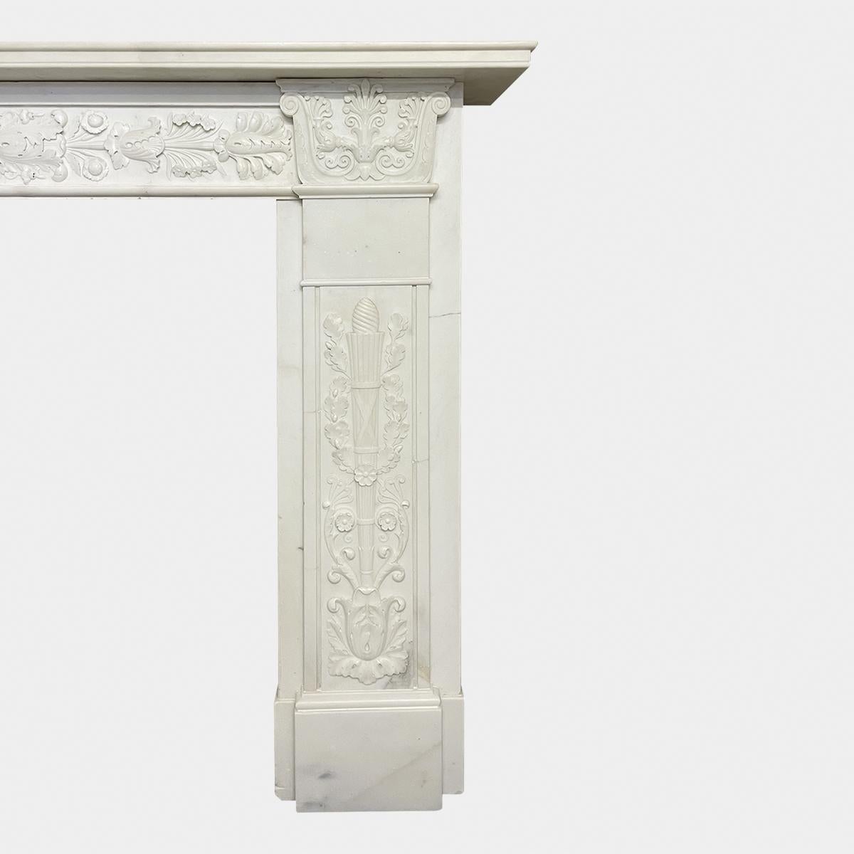 English Regency Antique Statuary White Marble Fireplace Mantel For Sale 1