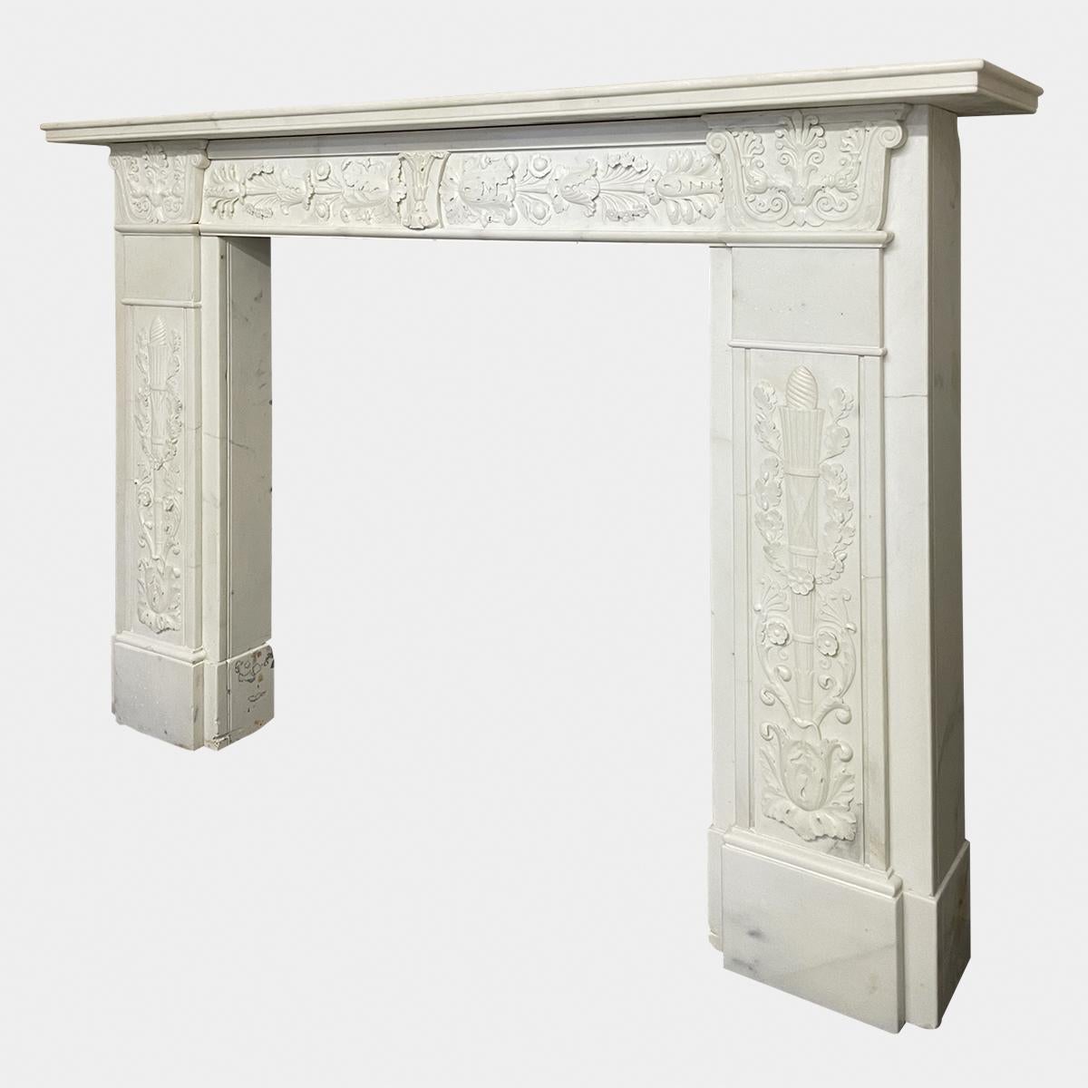 English Regency Antique Statuary White Marble Fireplace Mantel For Sale 2