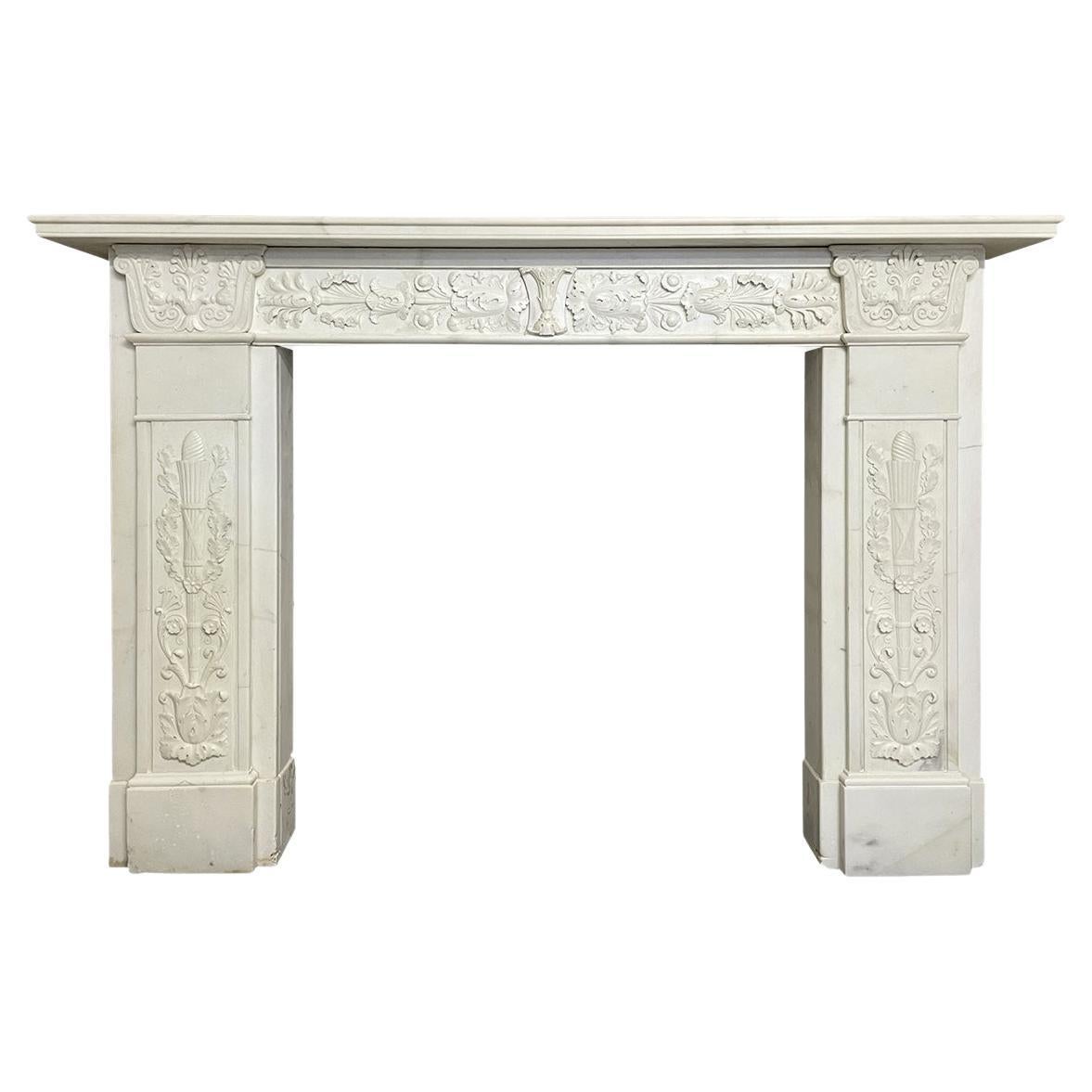 English Regency Antique Statuary White Marble Fireplace Mantel For Sale