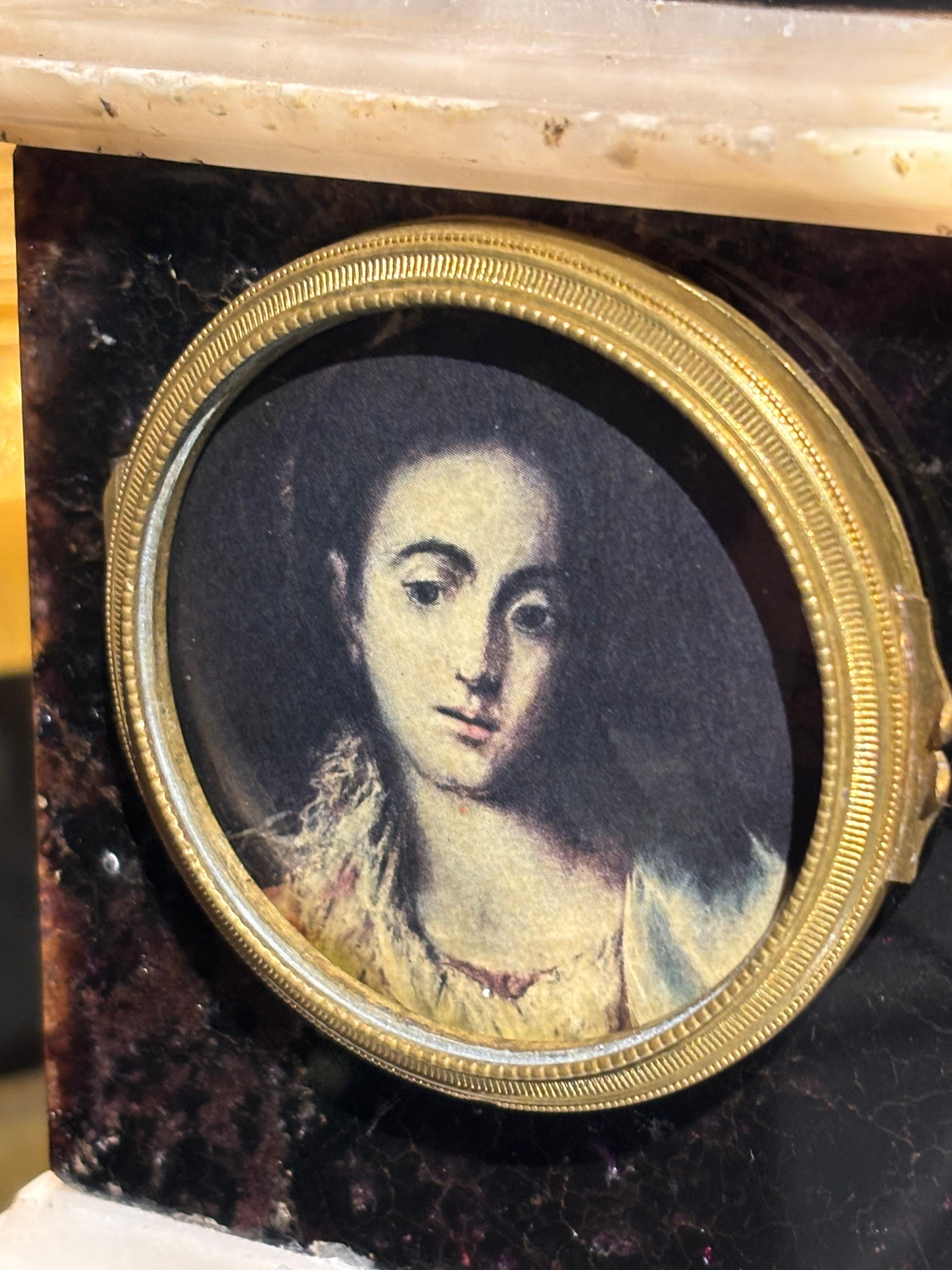 An English Regency Blue John and Marble Clockcase with an enamel portrait For Sale 4