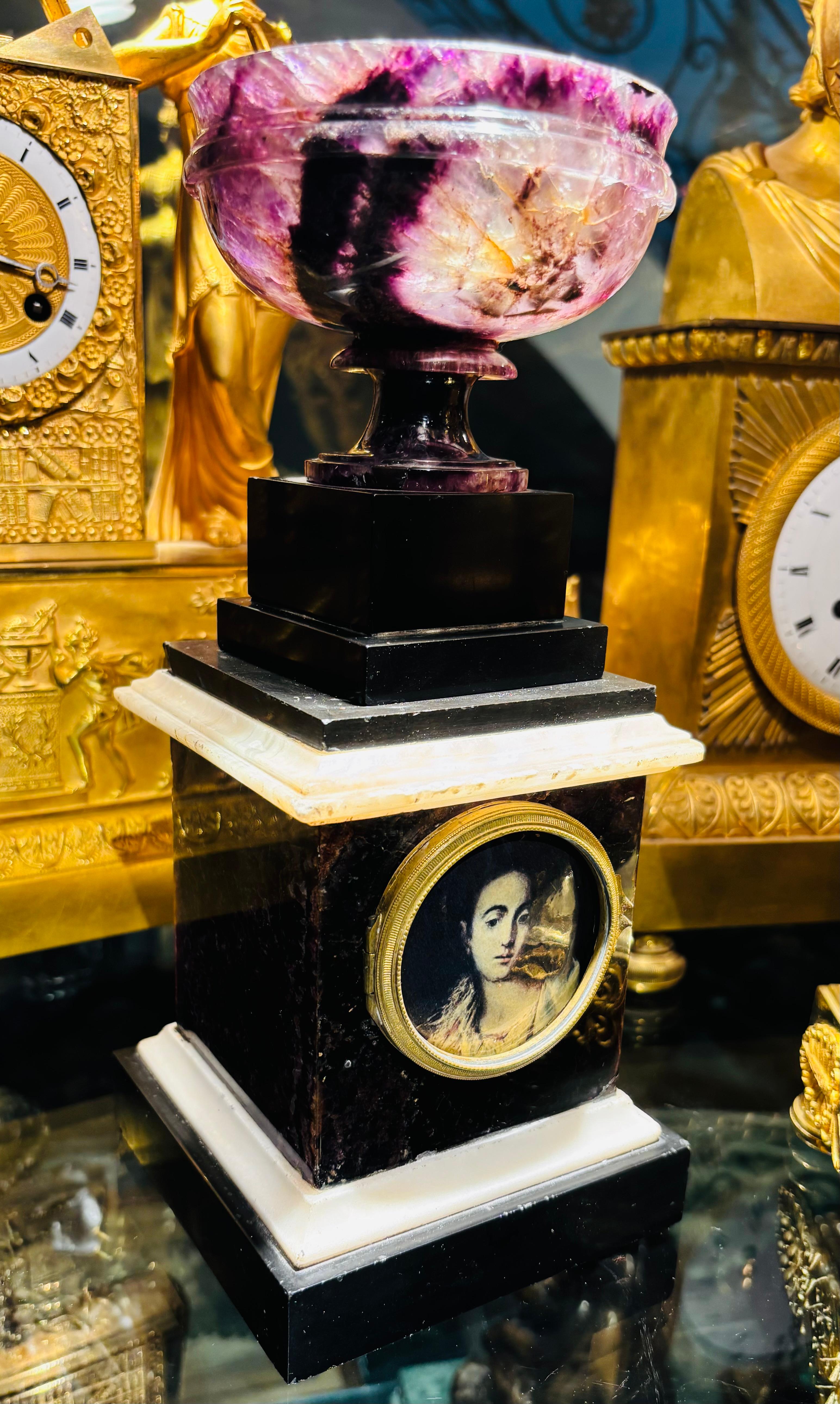Hand-Crafted An English Regency Blue John and Marble Clockcase with an enamel portrait For Sale