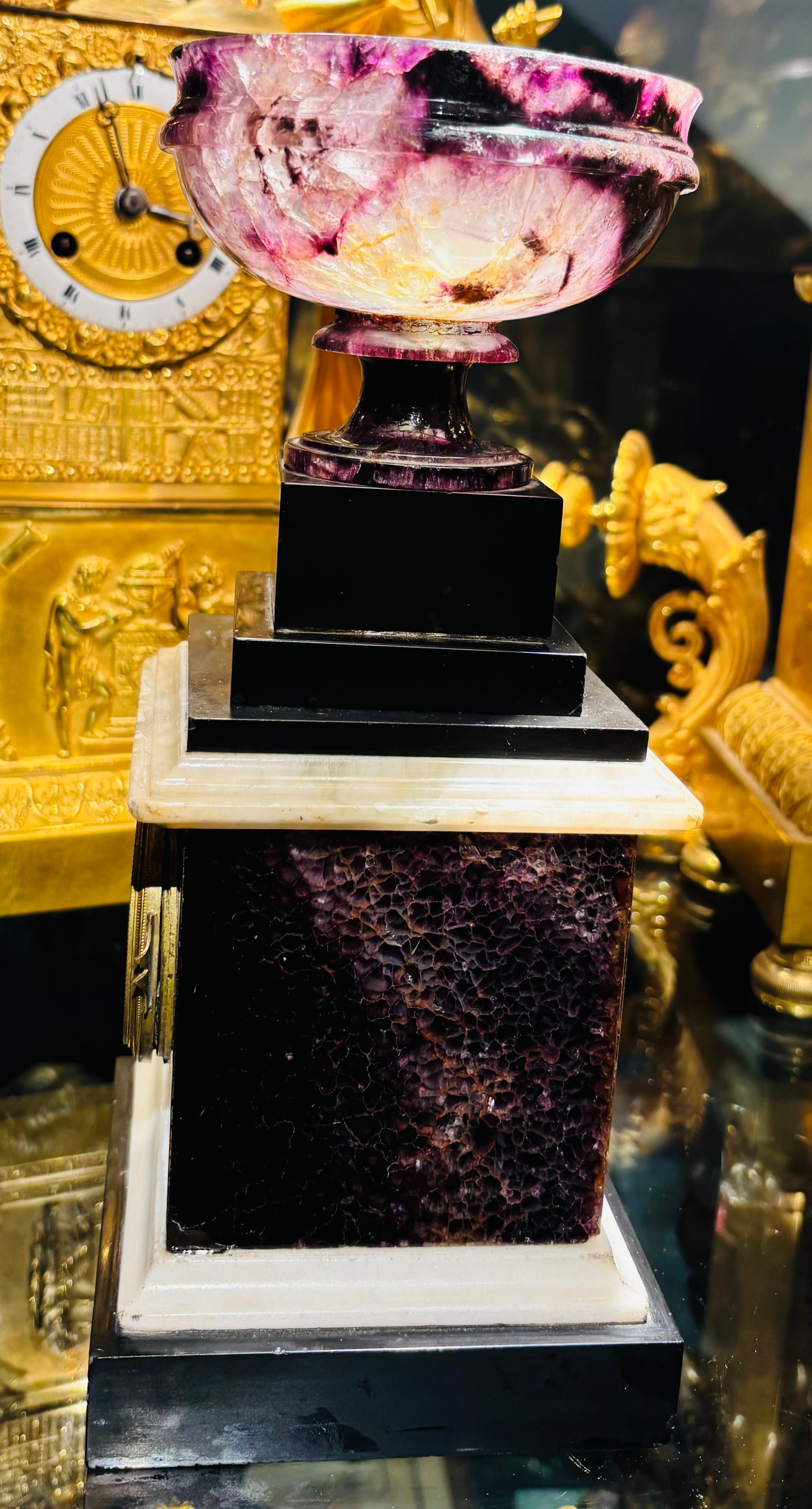An English Regency Blue John and Marble Clockcase with an enamel portrait In Good Condition For Sale In Vancouver, British Columbia