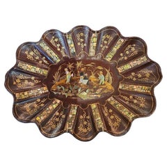 An English Regency Brown Lacquer and Mother of Pearl Chinoiserie Dish