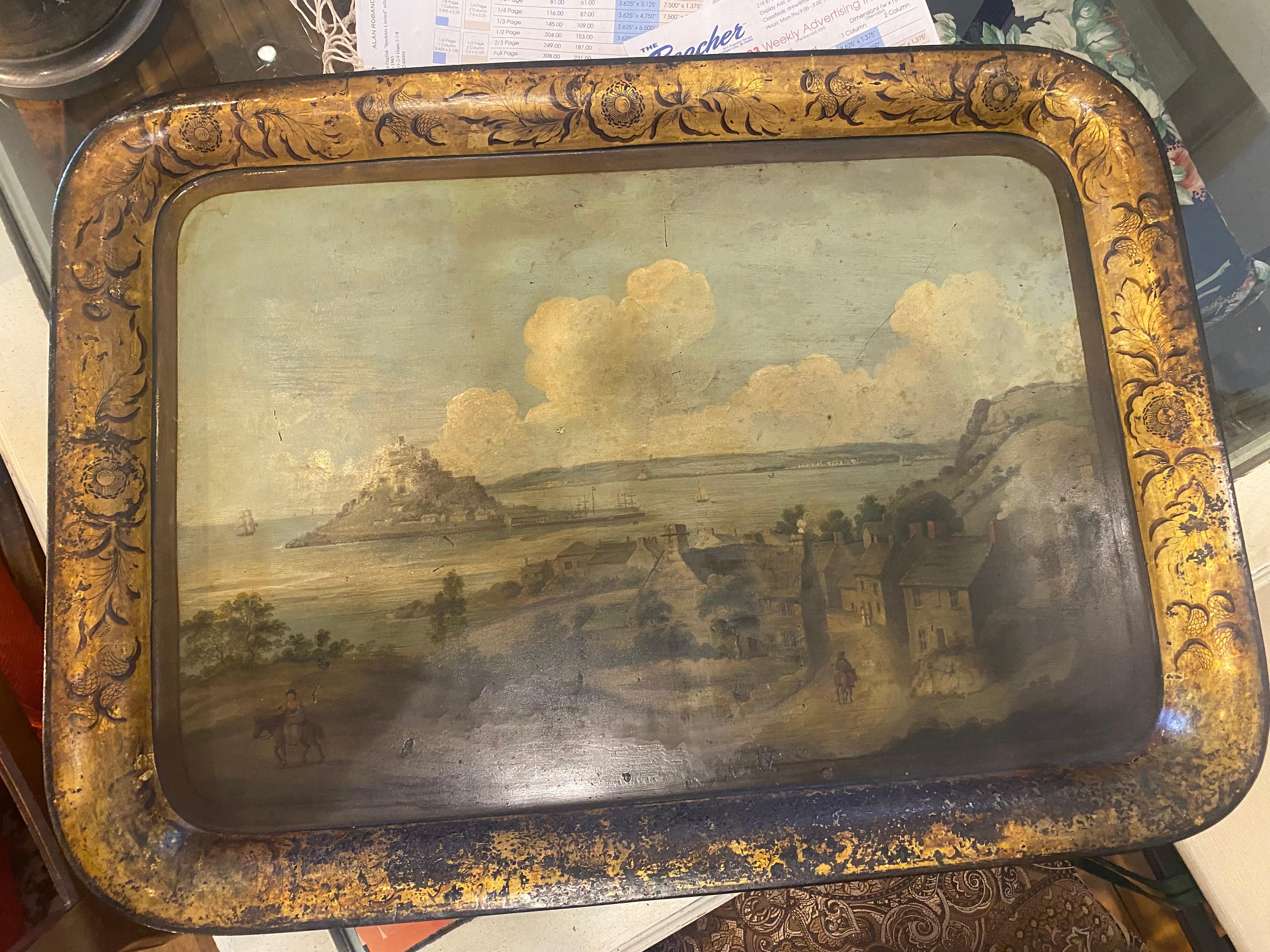 19th Century An English Regency painted tole tray with a seaside village. Great scale. For Sale