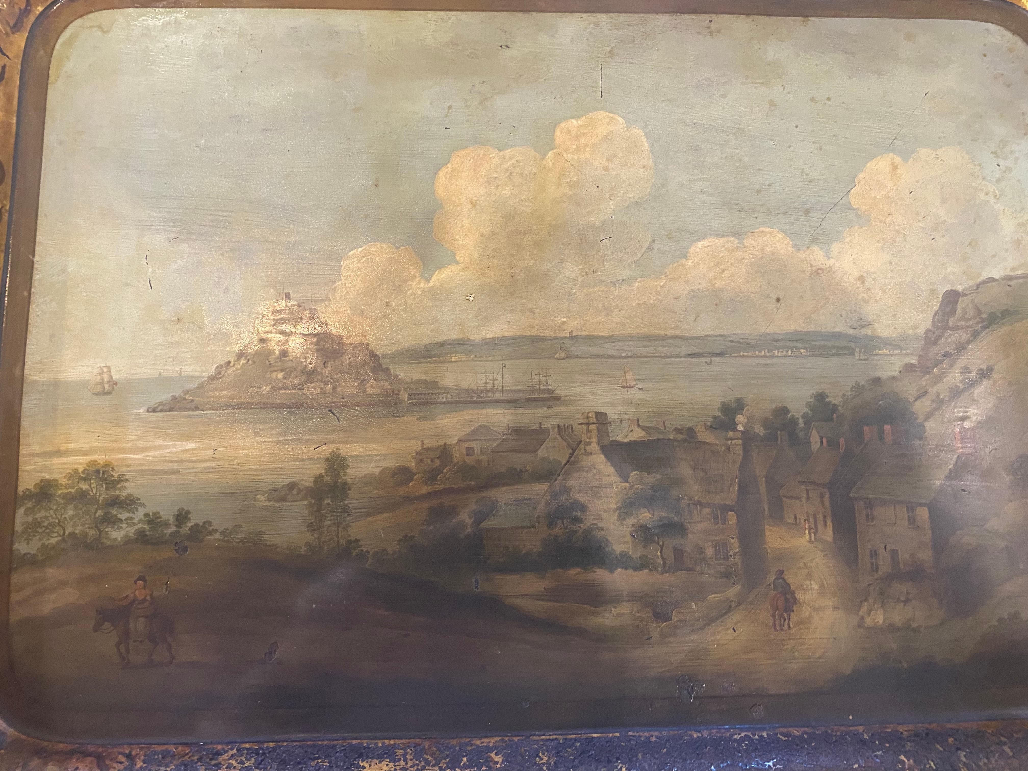 An English Regency painted tole tray with a seaside village. Great scale. For Sale 2