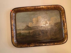 An English Regency painted tole tray with a seaside village. Great scale.