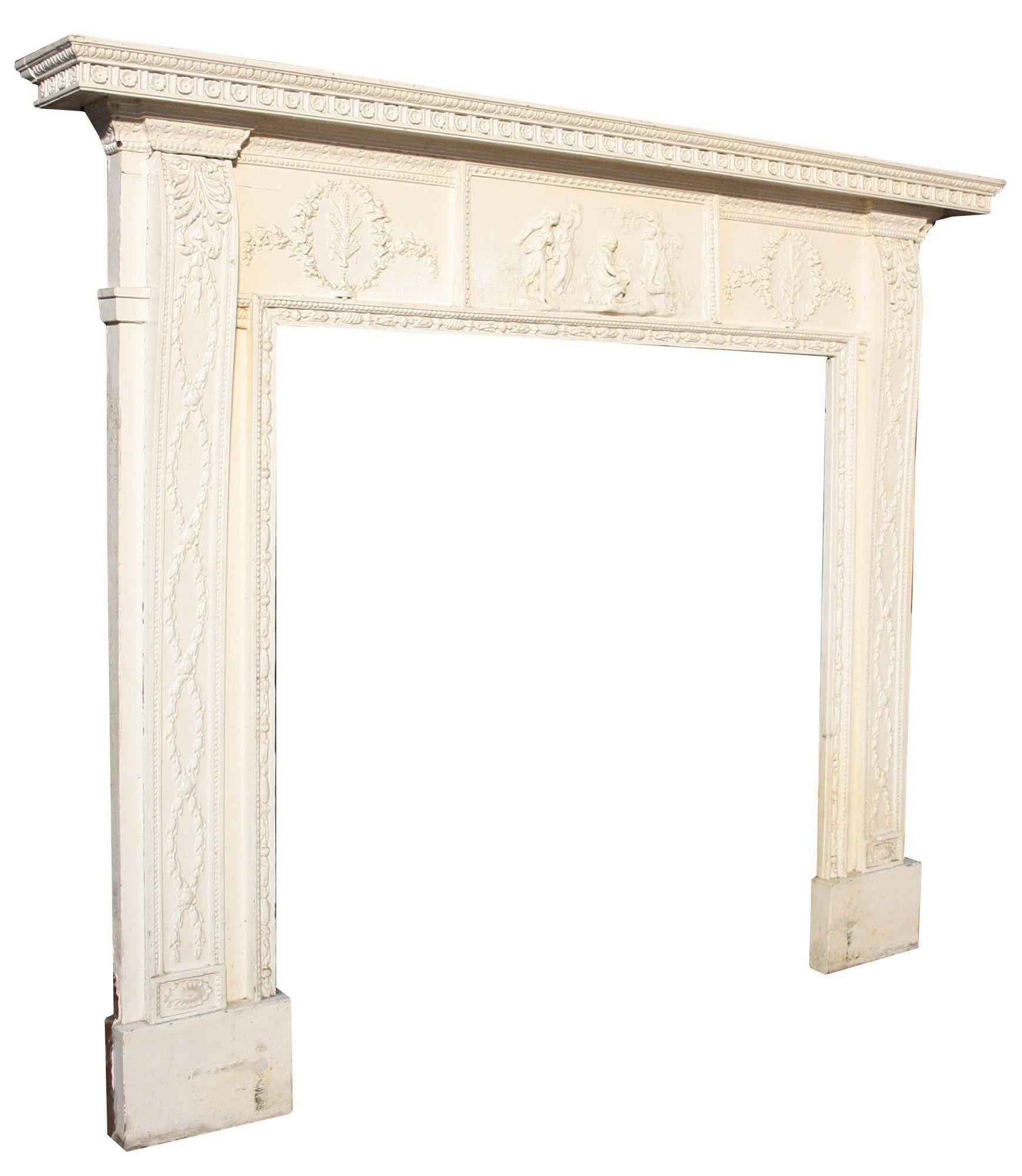 An antique English Regency style fire mantel salvaged from a property in Yorkshire. This pine and composition fire surround is richly decorated. It has a simple yet elegant design to suit traditional and contemporary homes alike.
The tablet depicts