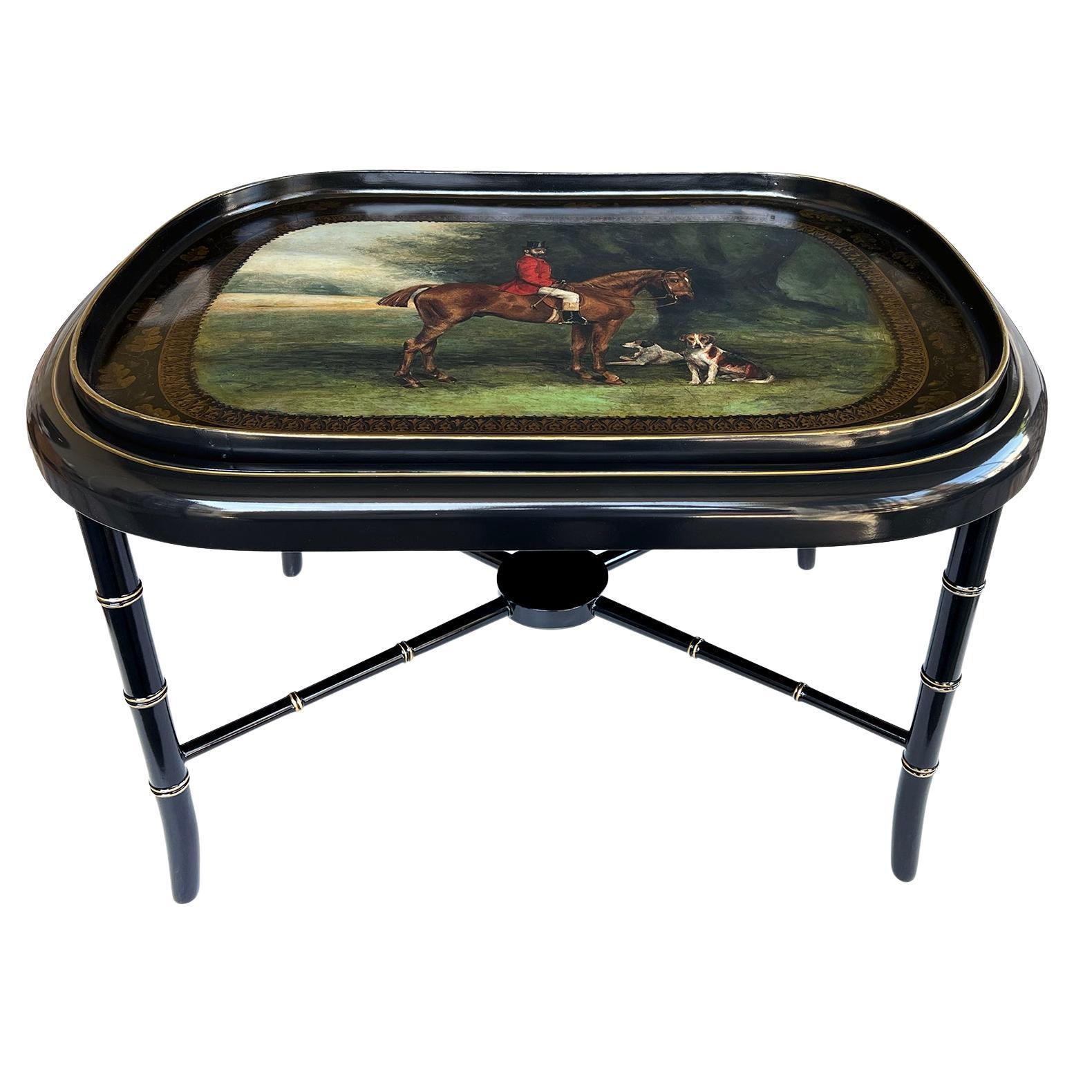 An English Regency Style Hand-Painted Wooden Hunting Tray on Stand For Sale