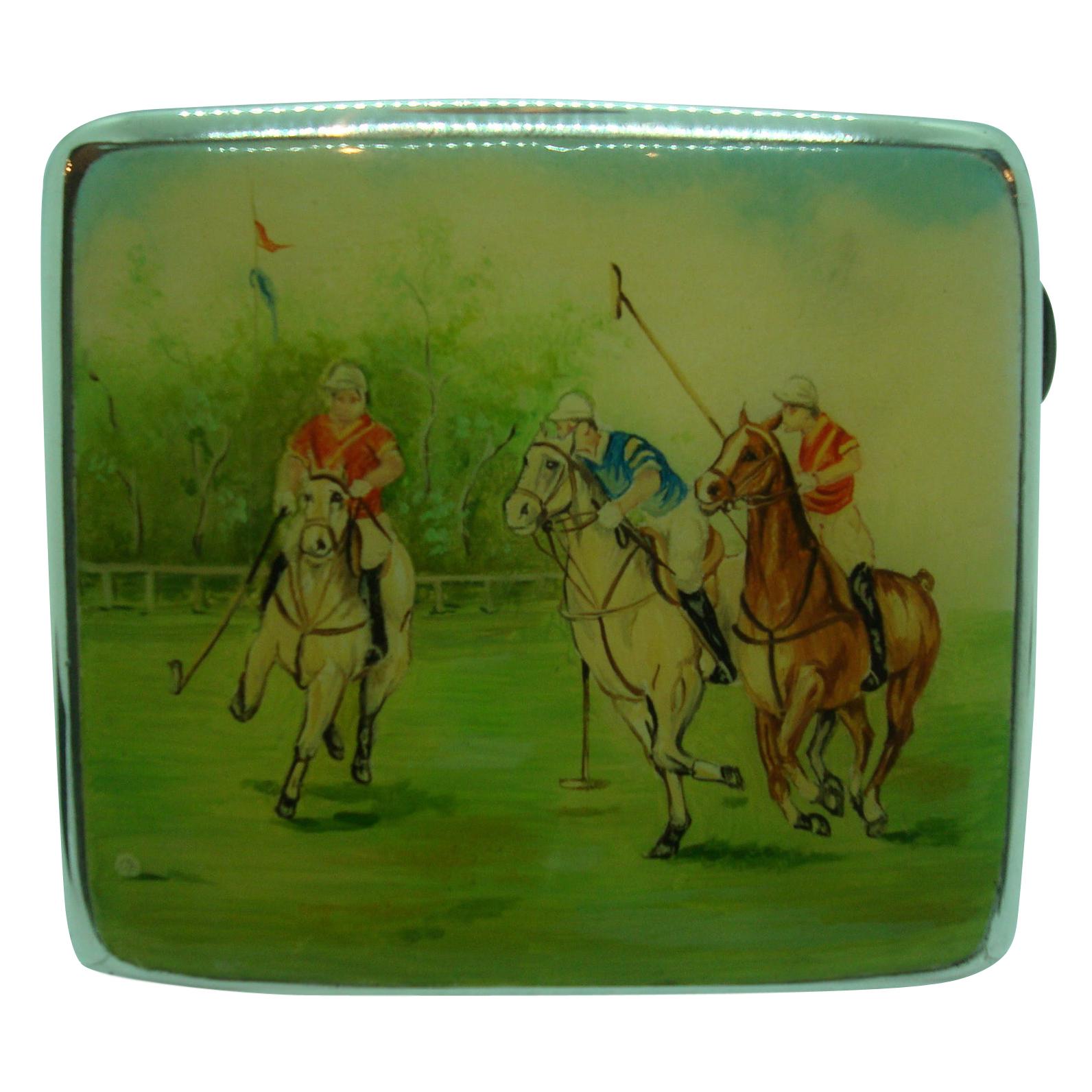 English Silver and Enamel “Horse-Polo Scene” Cigarette Case, circa 1924