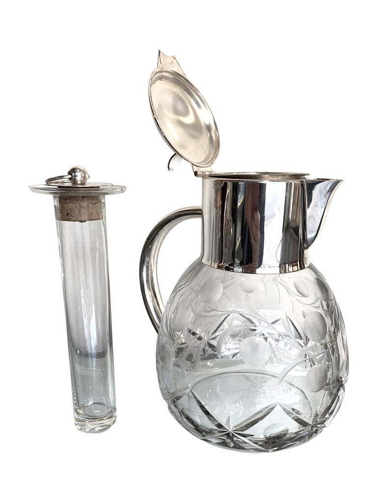 Art Deco English Silver Plated Crystal Lemonade / Cocktail Jug with Engraved Leaves For Sale