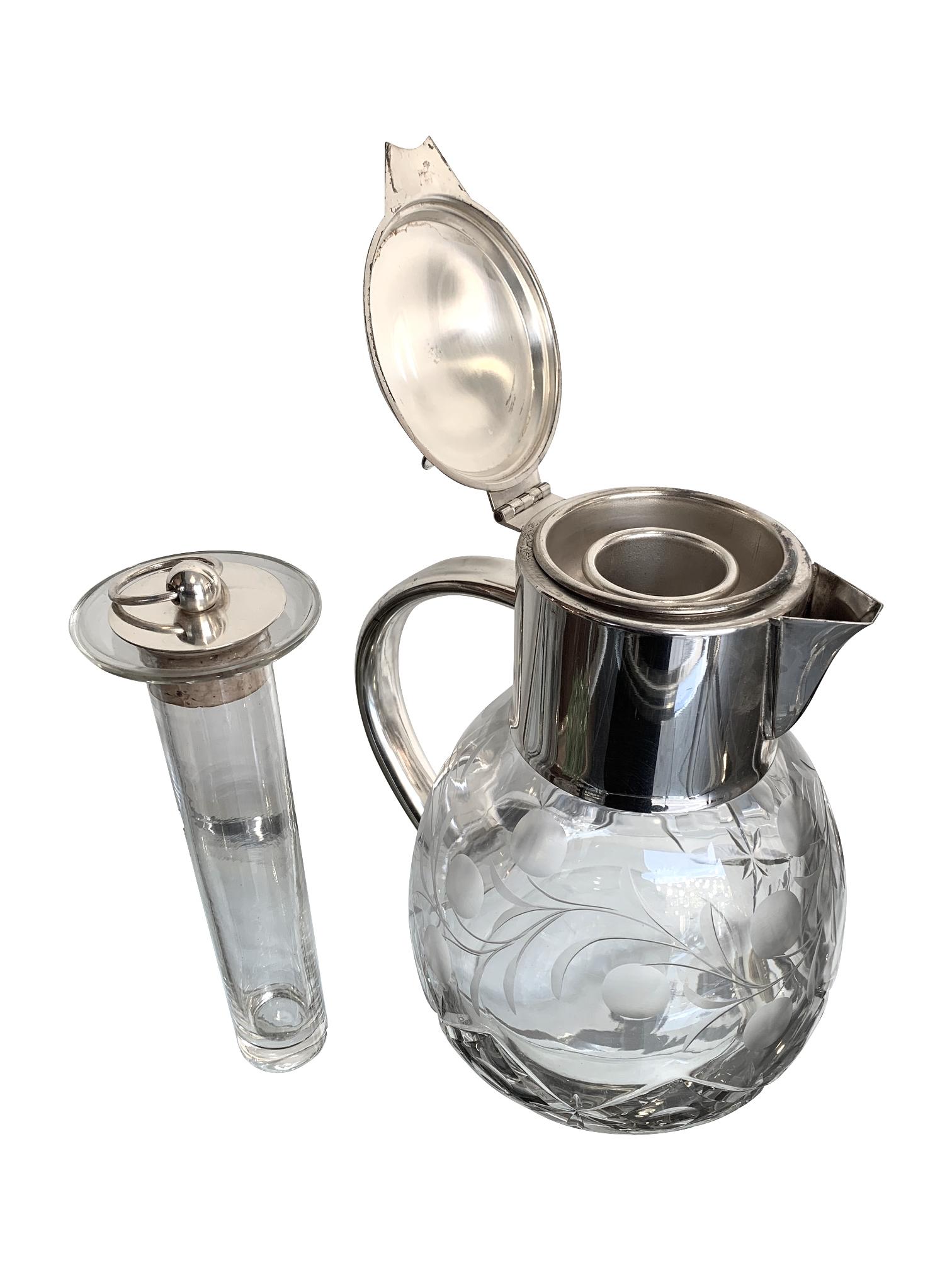 Art Deco English Silver Plated Crystal Lemonade / Cocktail Jug with Engraved Leaves