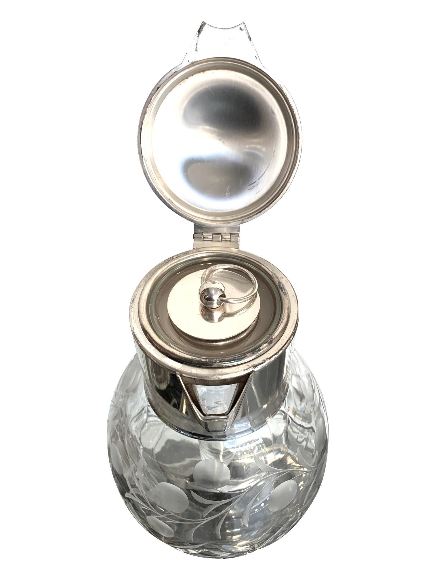 British English Silver Plated Crystal Lemonade / Cocktail Jug with Engraved Leaves
