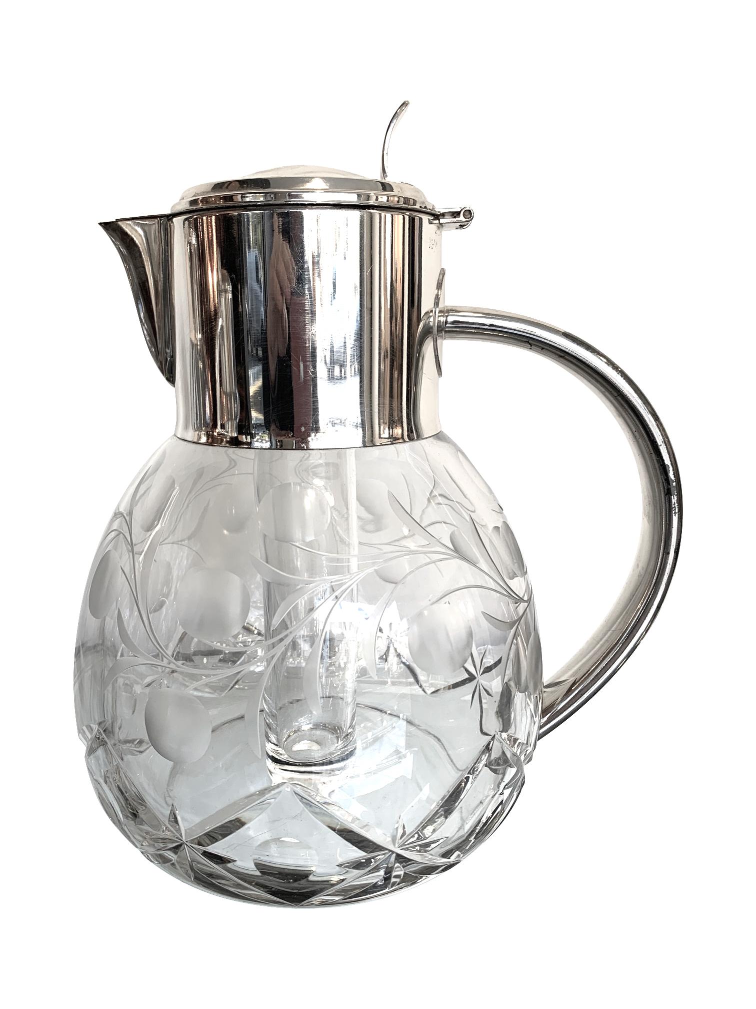 Early 20th Century English Silver Plated Crystal Lemonade / Cocktail Jug with Engraved Leaves