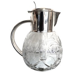 English Silver Plated Crystal Lemonade / Cocktail Jug with Engraved Leaves