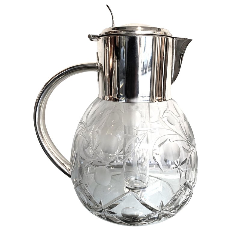 English Silver Plated Crystal Lemonade / Cocktail Jug with Engraved Leaves For Sale