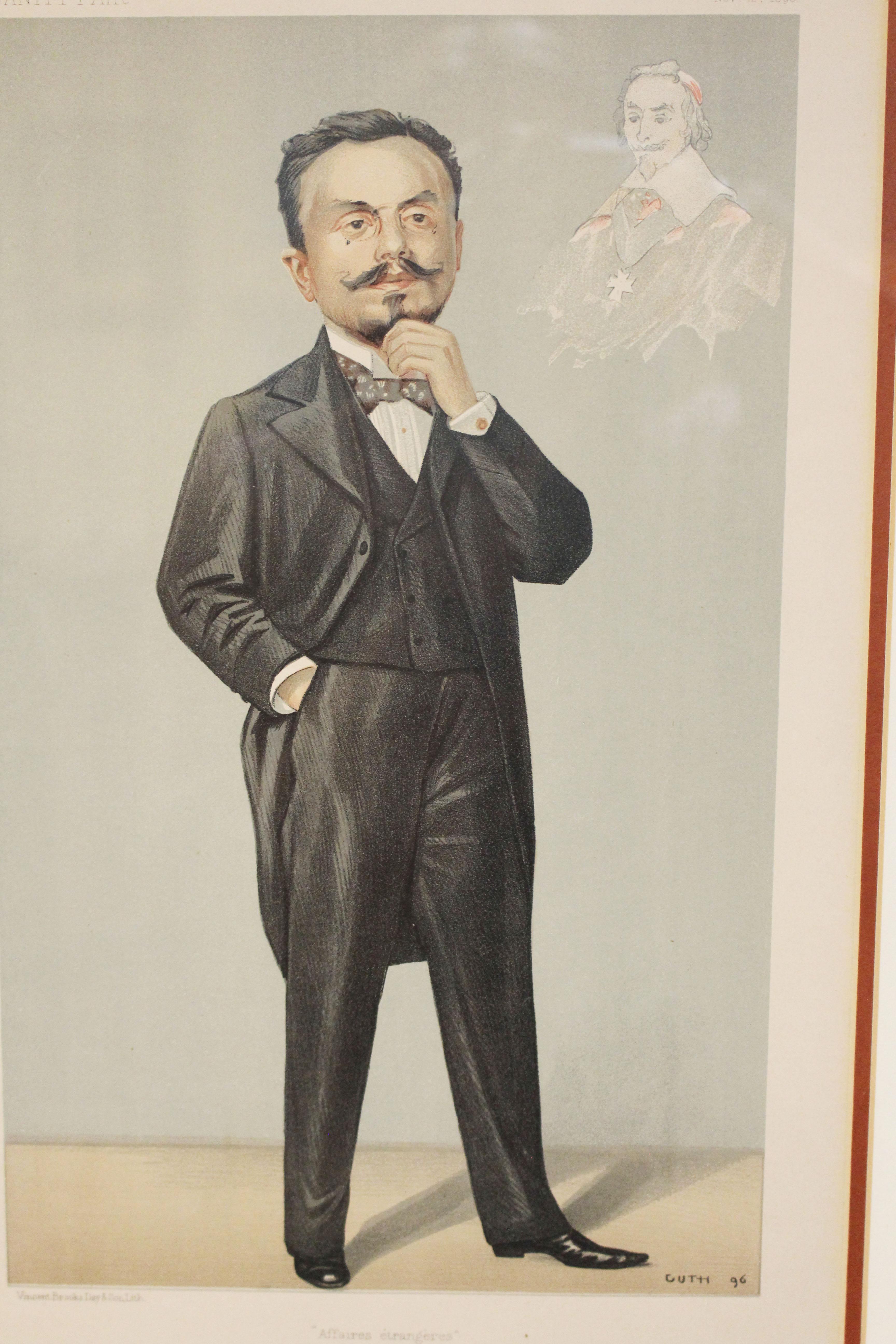 Una cromolitografia di Vanity Fair di Gabriel Hanotaux di Guth, inglese. Una caricatura del Ministro degli Esteri francese Gabriel Hanotaux realizzata dall'artista Jean-Baptiste Jean. Firmato in basso a destra nella lastra 