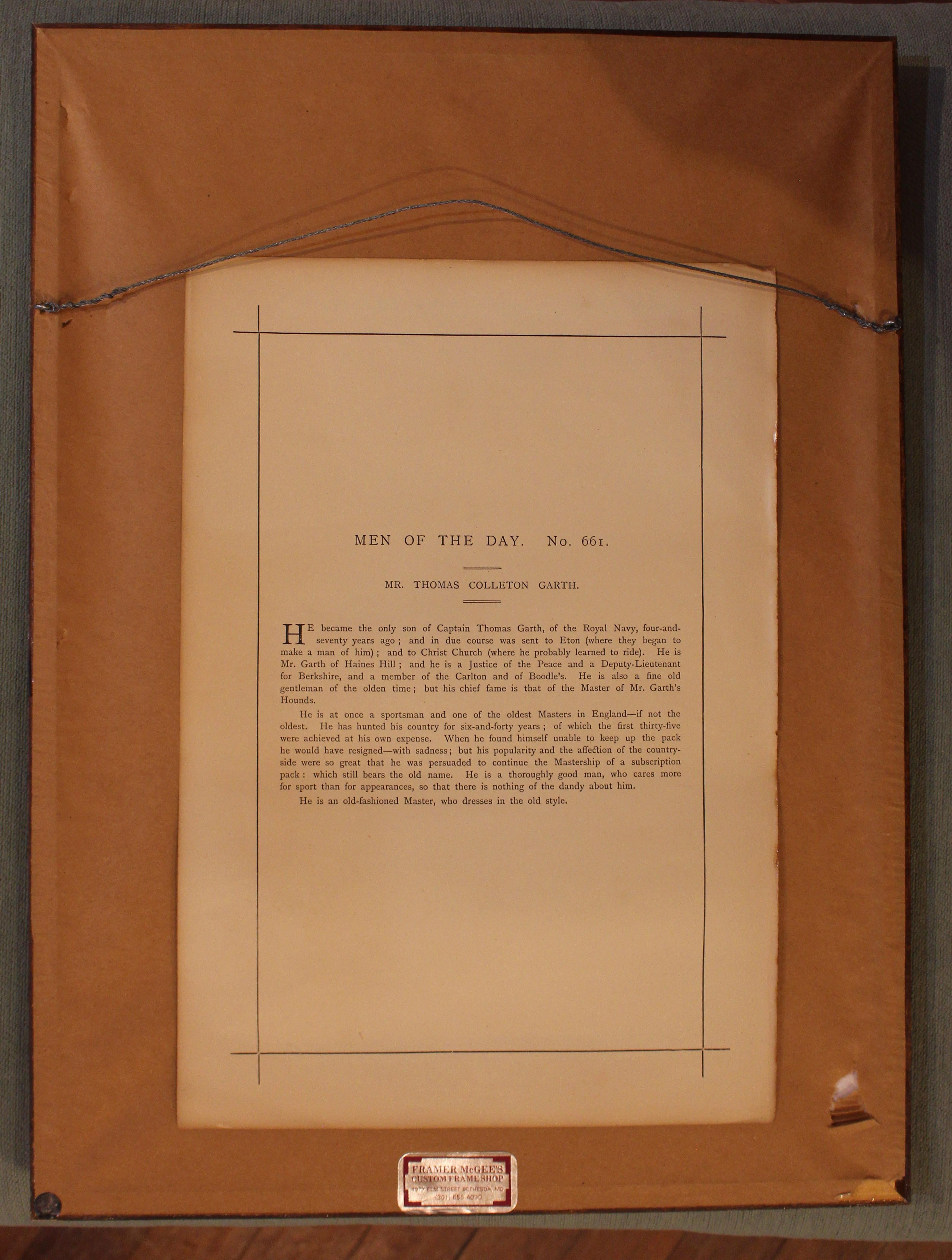 Eine englische Vanity Fair Chromolithographie von Herrn Thomas Colleton Garth (19. Jahrhundert) im Angebot