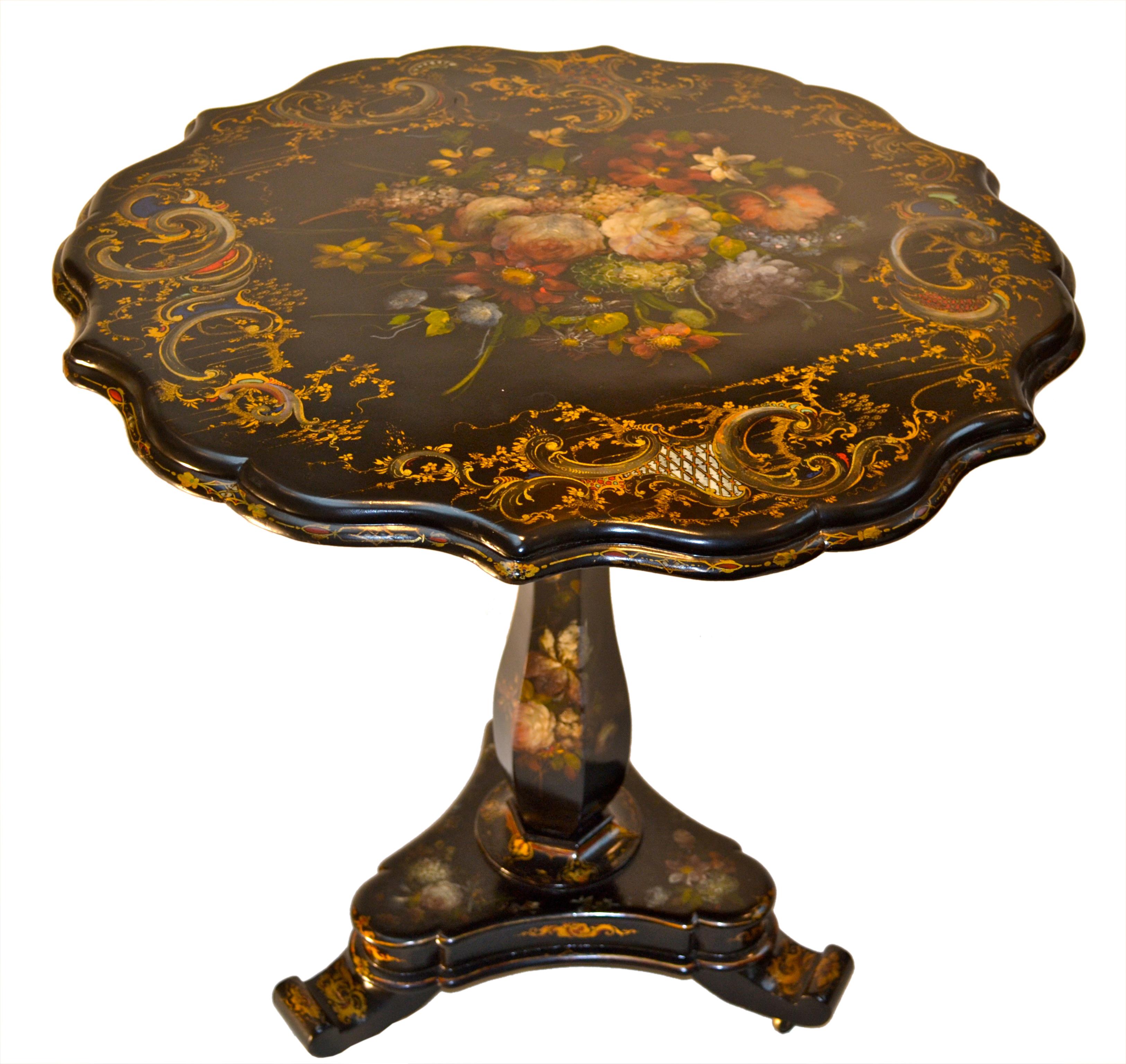 English Victorian Papier Mâché Hand Painted Tilt-Top Occasional Table 3