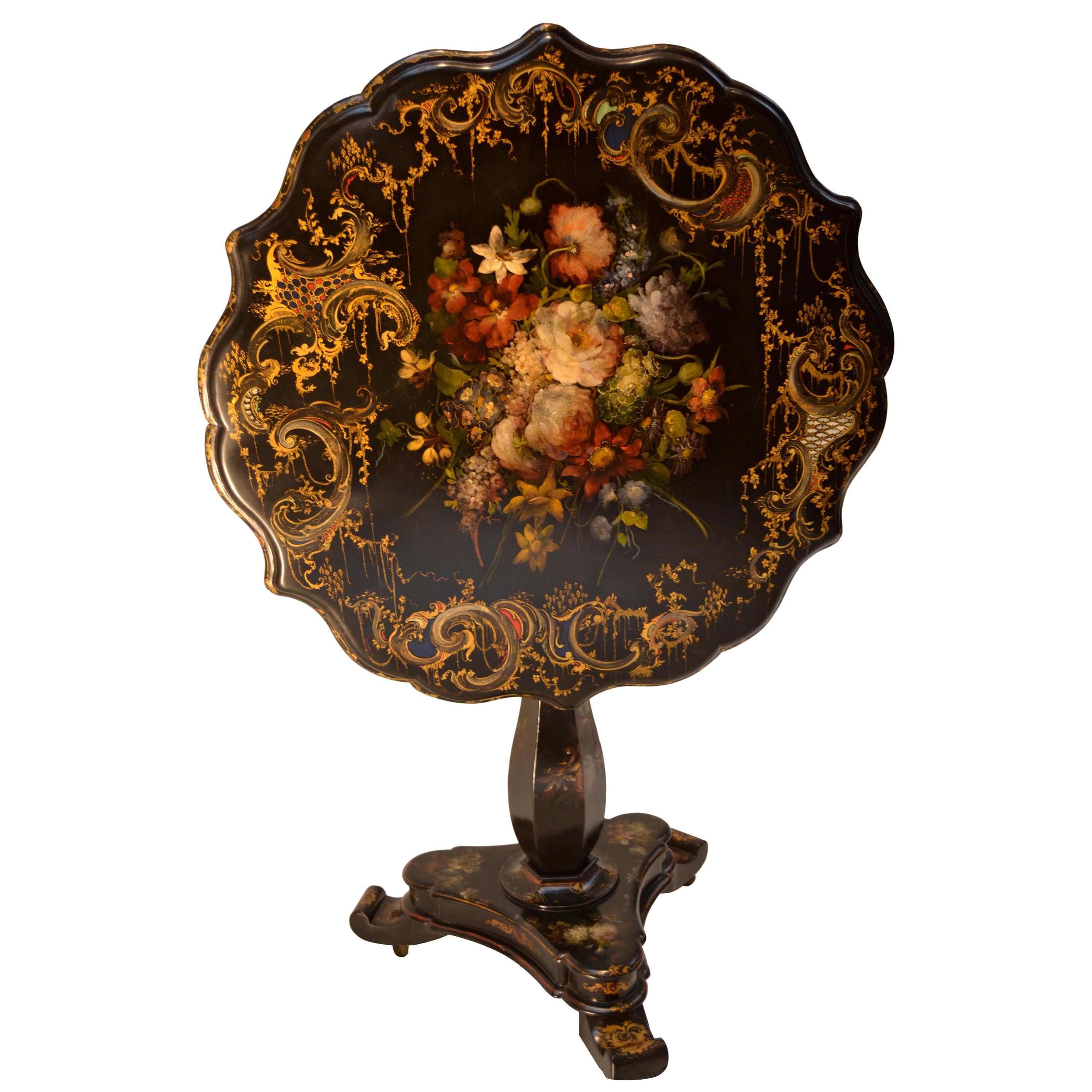 English Victorian Papier Mâché Hand Painted Tilt-Top Occasional Table